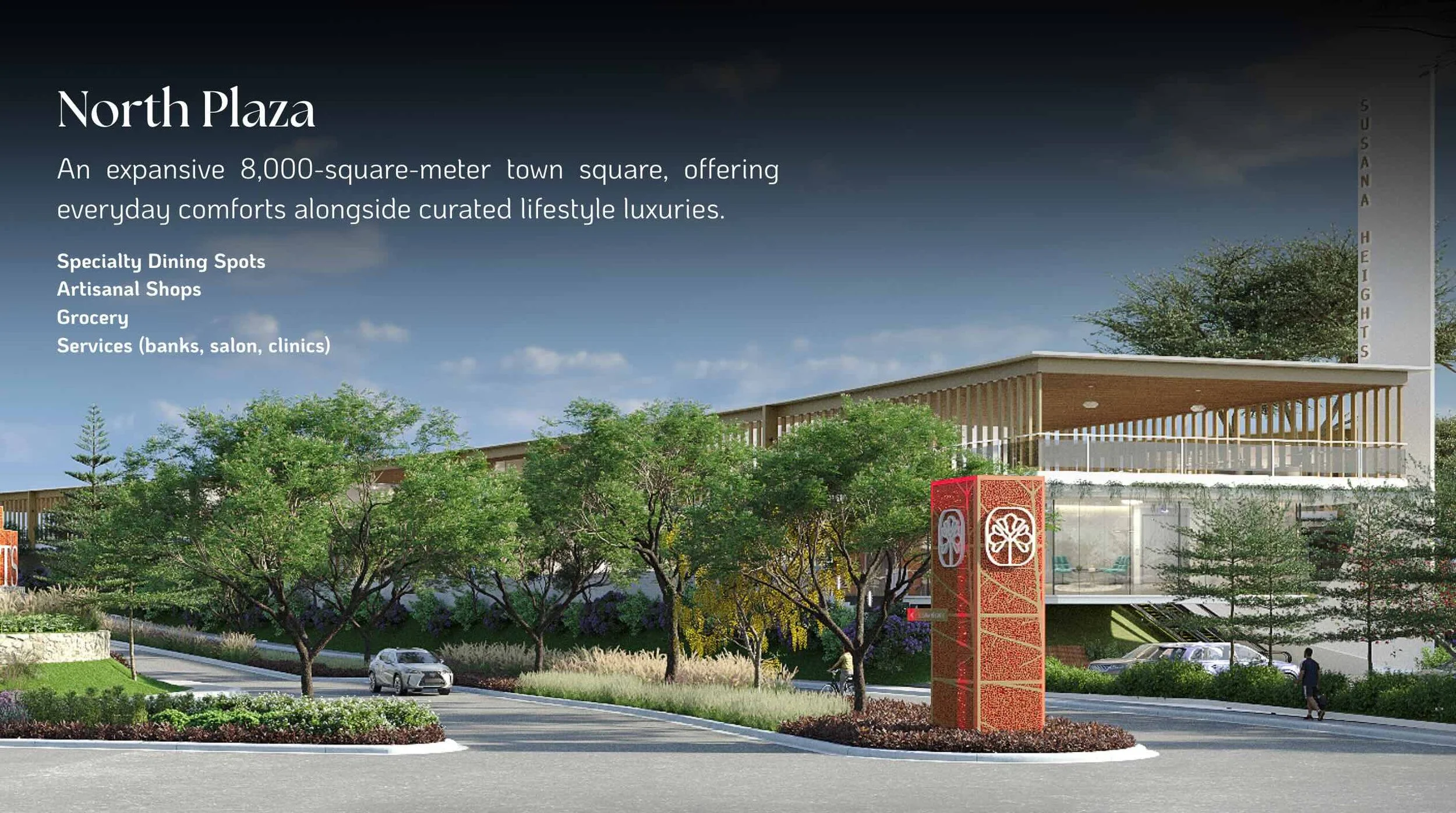 Render of North Plaza, an 8,000-square-meter town square with trees, a modern building, and a red decorative pillar, featuring text about restaurants, shops, grocery, and services.
