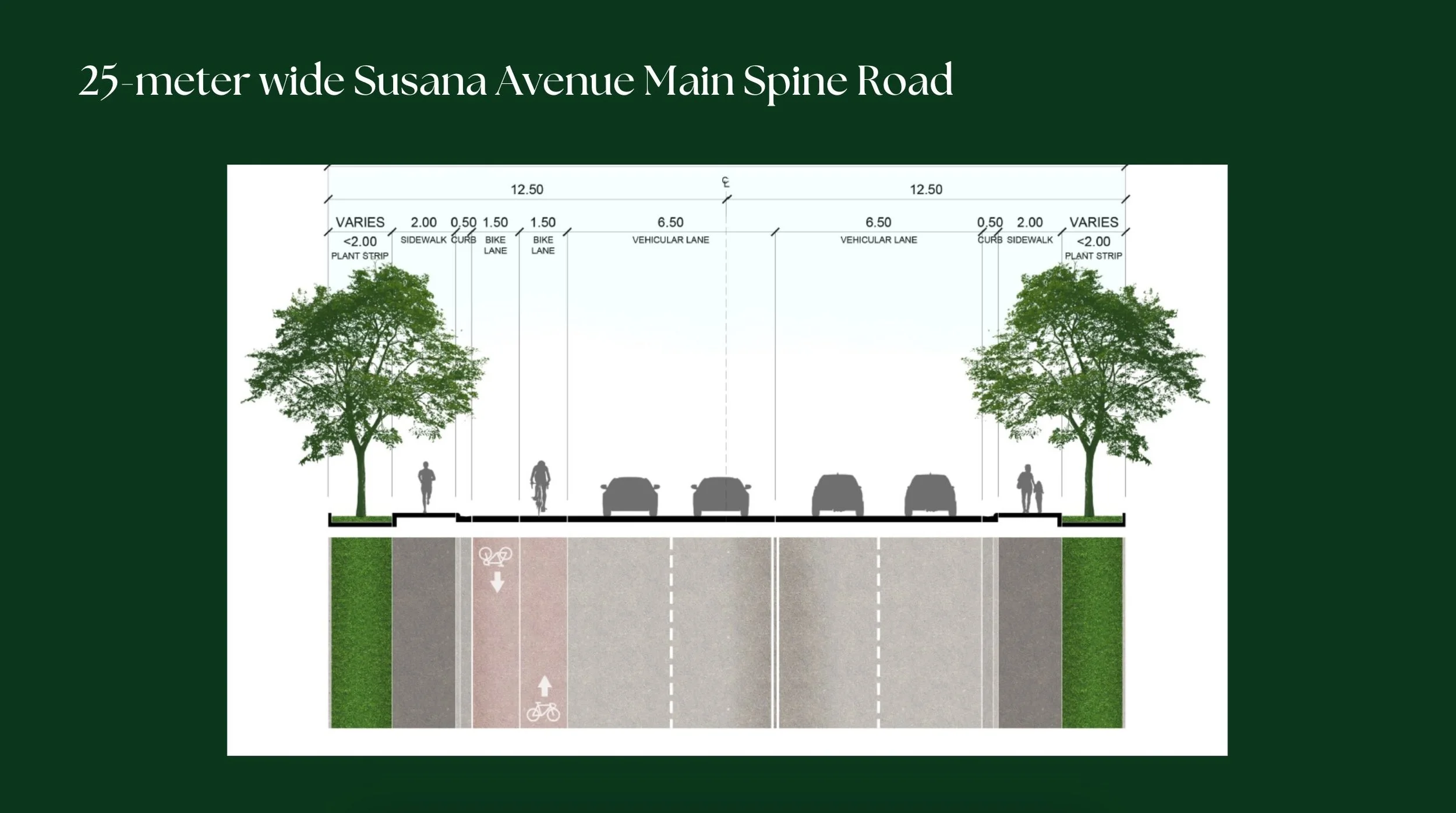 Cross-sectional diagram of Susana Heights' Main Spine Road, showing divided lanes for vehicles, dedicated bike lanes, sidewalks, trees, and planting strips in a 25-meter wide street.