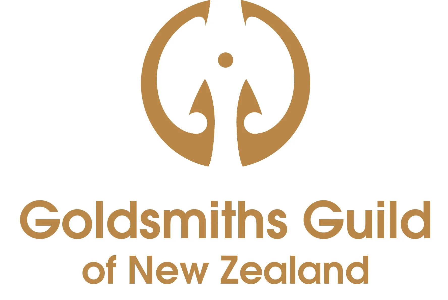 Goldsmiths Guild of New Zealand logo in gold with stylized emblem above the text 'Goldsmiths Guild of New Zealand' in matching gold color.