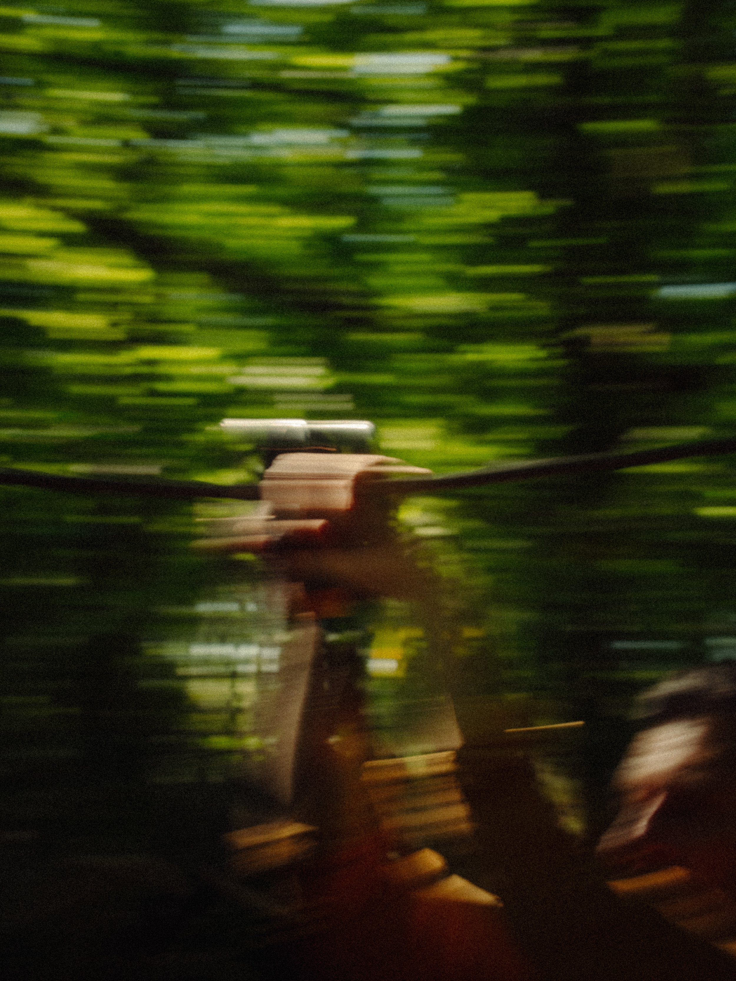 Photo floue d'un homme en mouvement dans un environnement naturel avec des arbres verts.