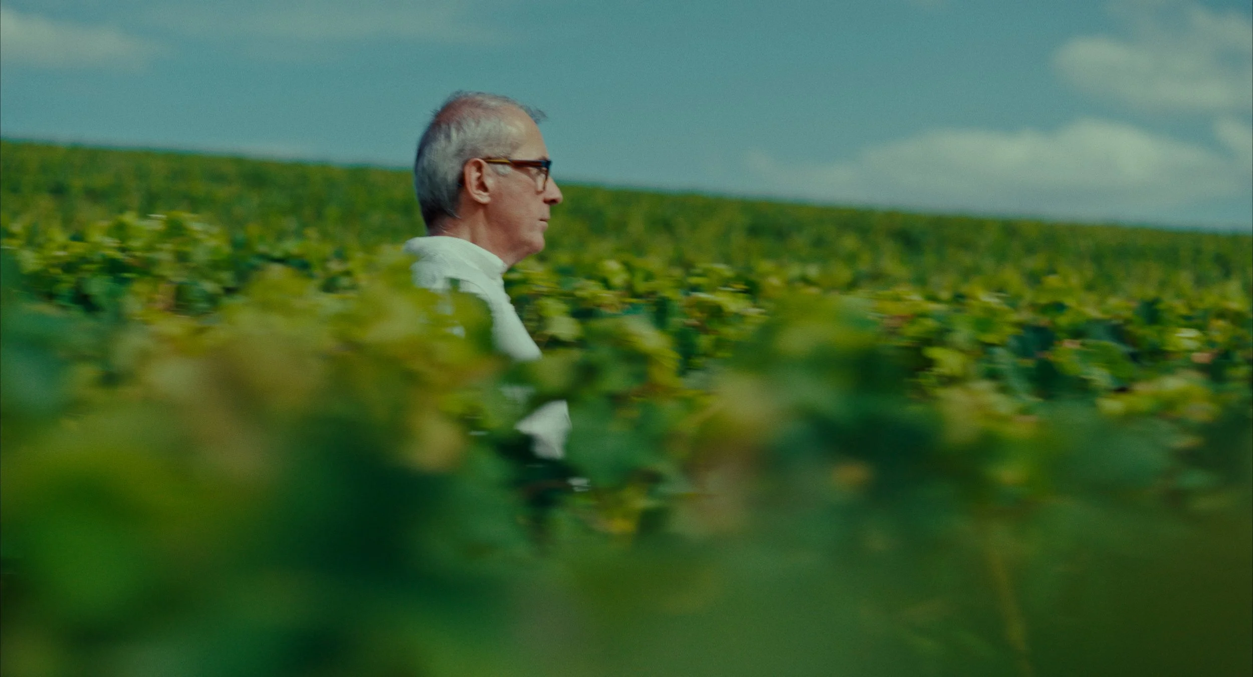 Un homme âgé avec des lunettes, en profil, marche à travers un champ vert sous un ciel bleu avec quelques nuages.