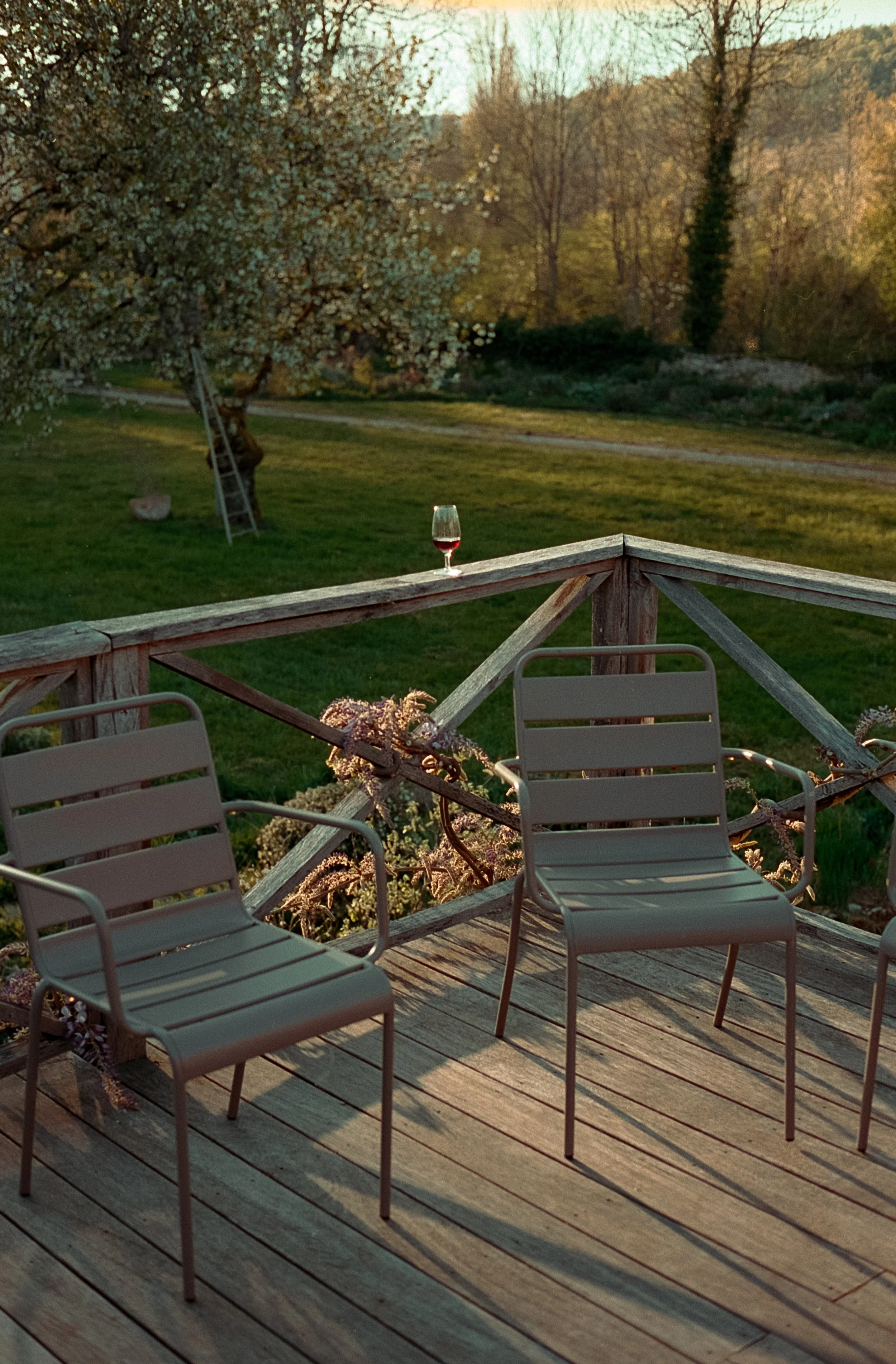 Une terrasse en bois avec trois chaises en métal, une coupe de vin rouge sur le rebord en bois, et une vue sur un jardin avec des arbres en fleurs et une échelle en arrière-plan, au coucher du soleil.