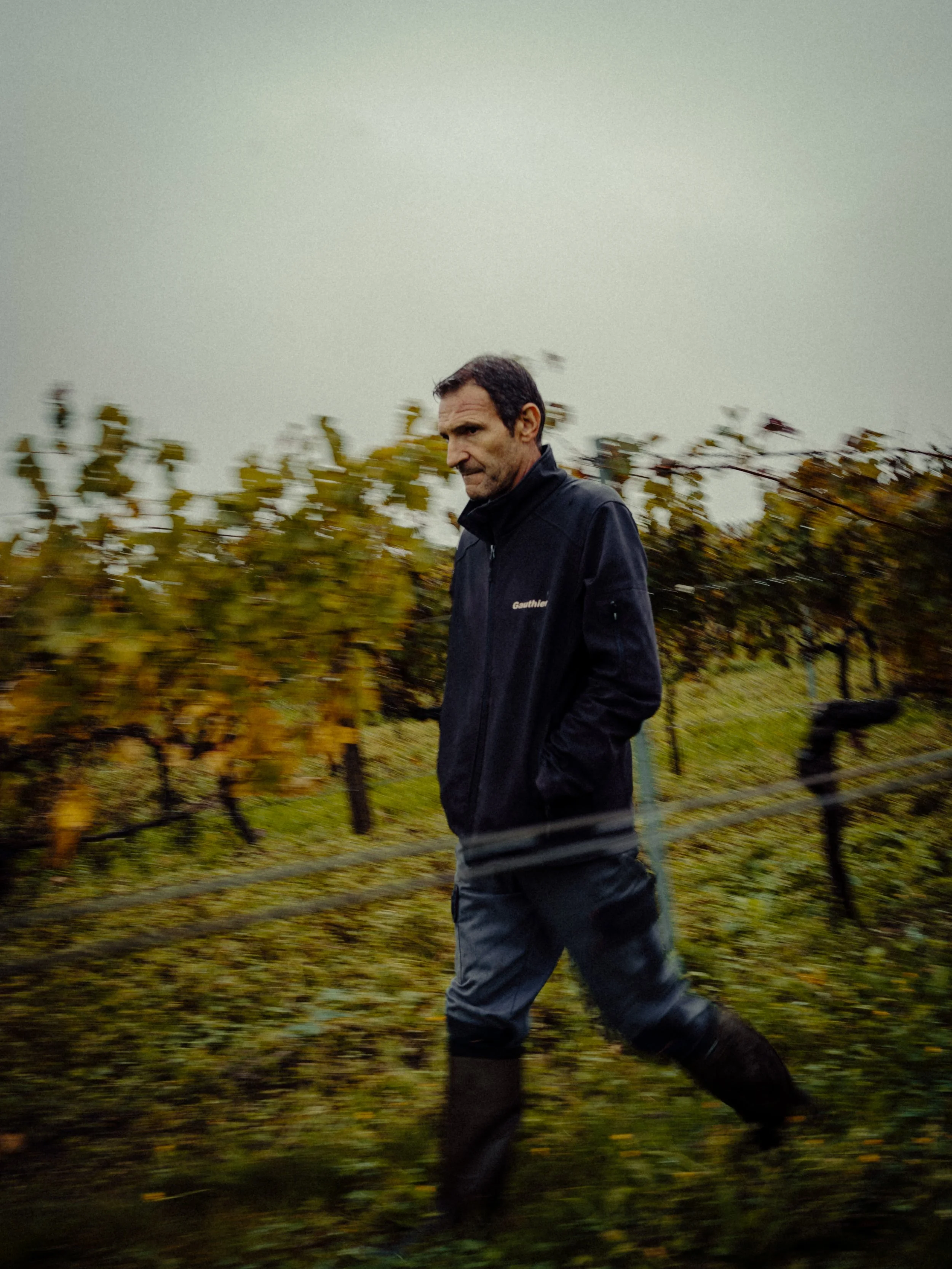 Un homme marche dans un vignoble par temps nuageux, portant une veste noire et des bottes.
