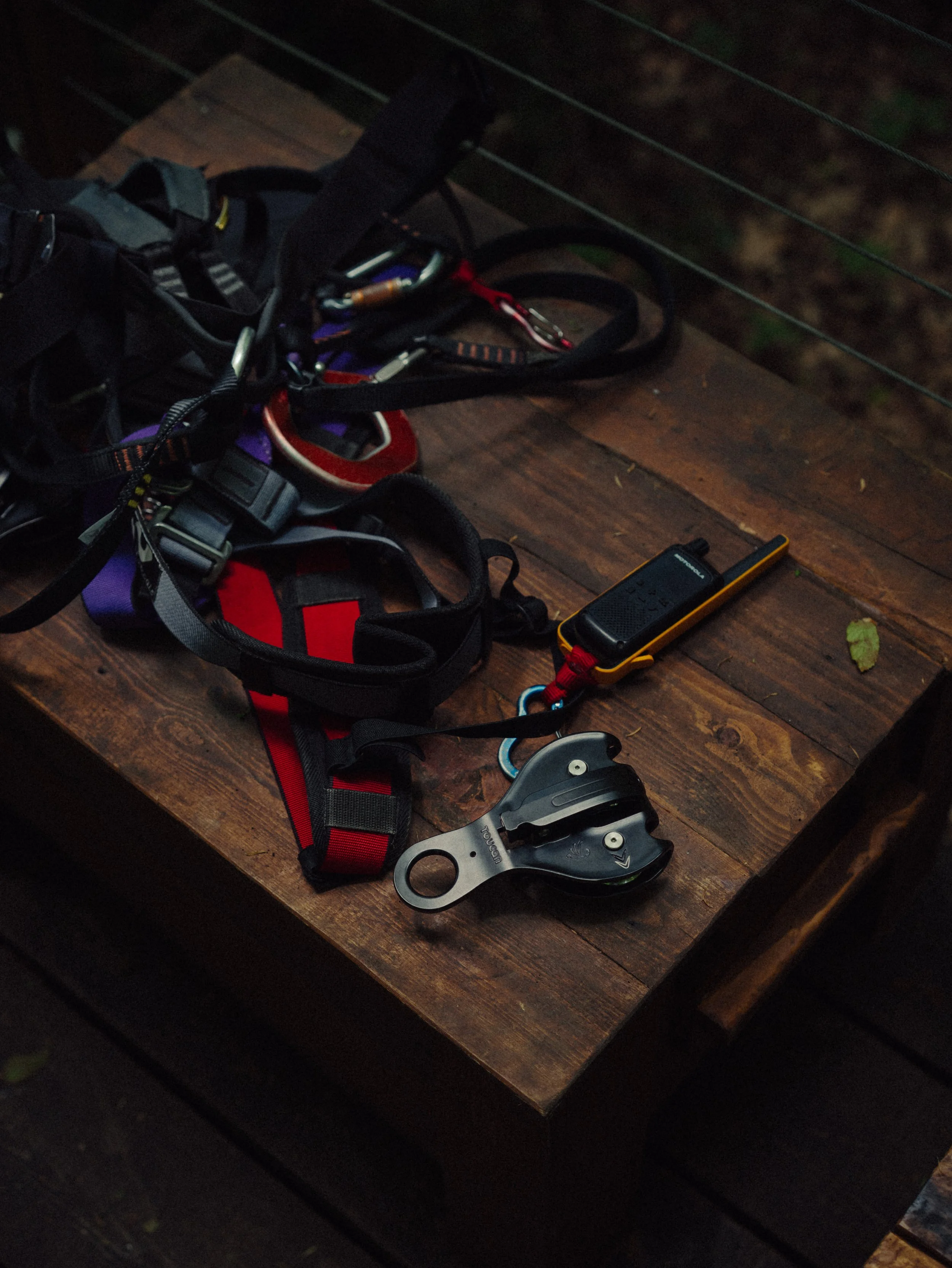 Équipement d'escalade ou de randonnée placé sur une table en bois, comprenant un harnais, un descendeur, une télécommande, et des mousquetons.