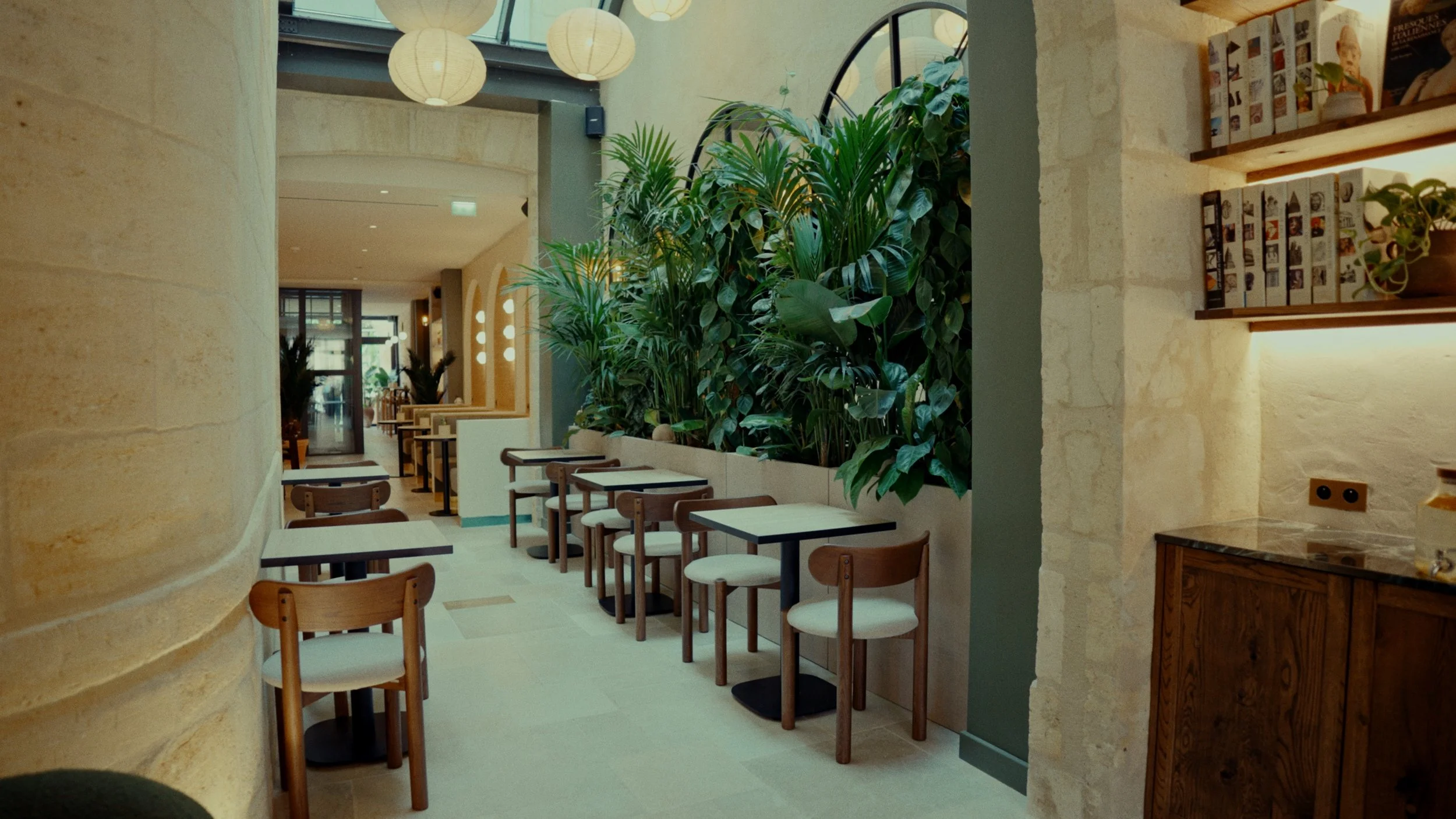 Vue intérieure d'un café ou restaurant moderne avec tables et chaises en bois, grande plante verte et étagère éclairée avec des livres sur un mur en pierre.