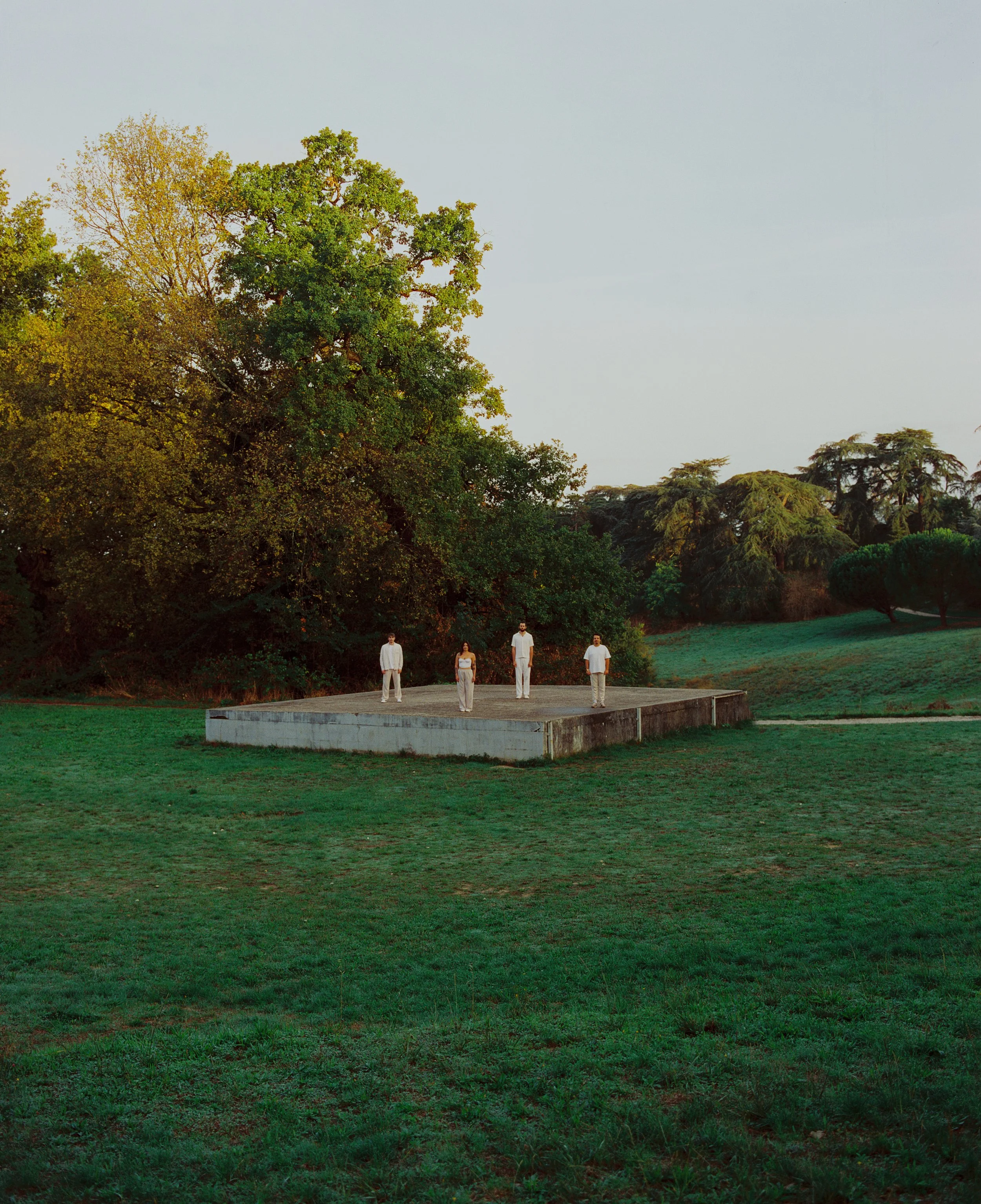 Quatre personnes debout sur une plateforme en pleine nature, entourée d'arbres et d'herbe verte, lors d'un coucher de soleil.