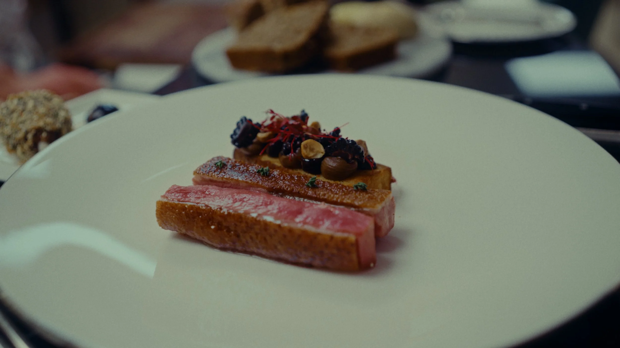 Gros plan d'une assiette avec un morceau de viande saignant, garniture de fruits secs et petits fruits rouges, le tout présenté de manière sophistiquée.