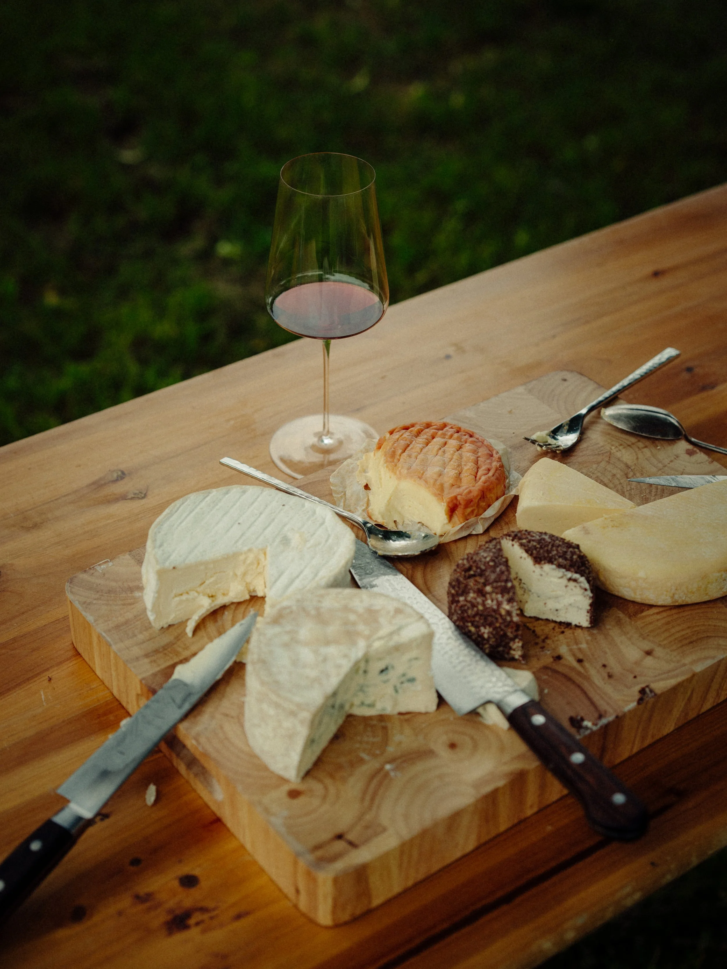 Plate de fromages variés accompagnée d'un verre de vin rouge sur une table en bois dans un environnement extérieur.