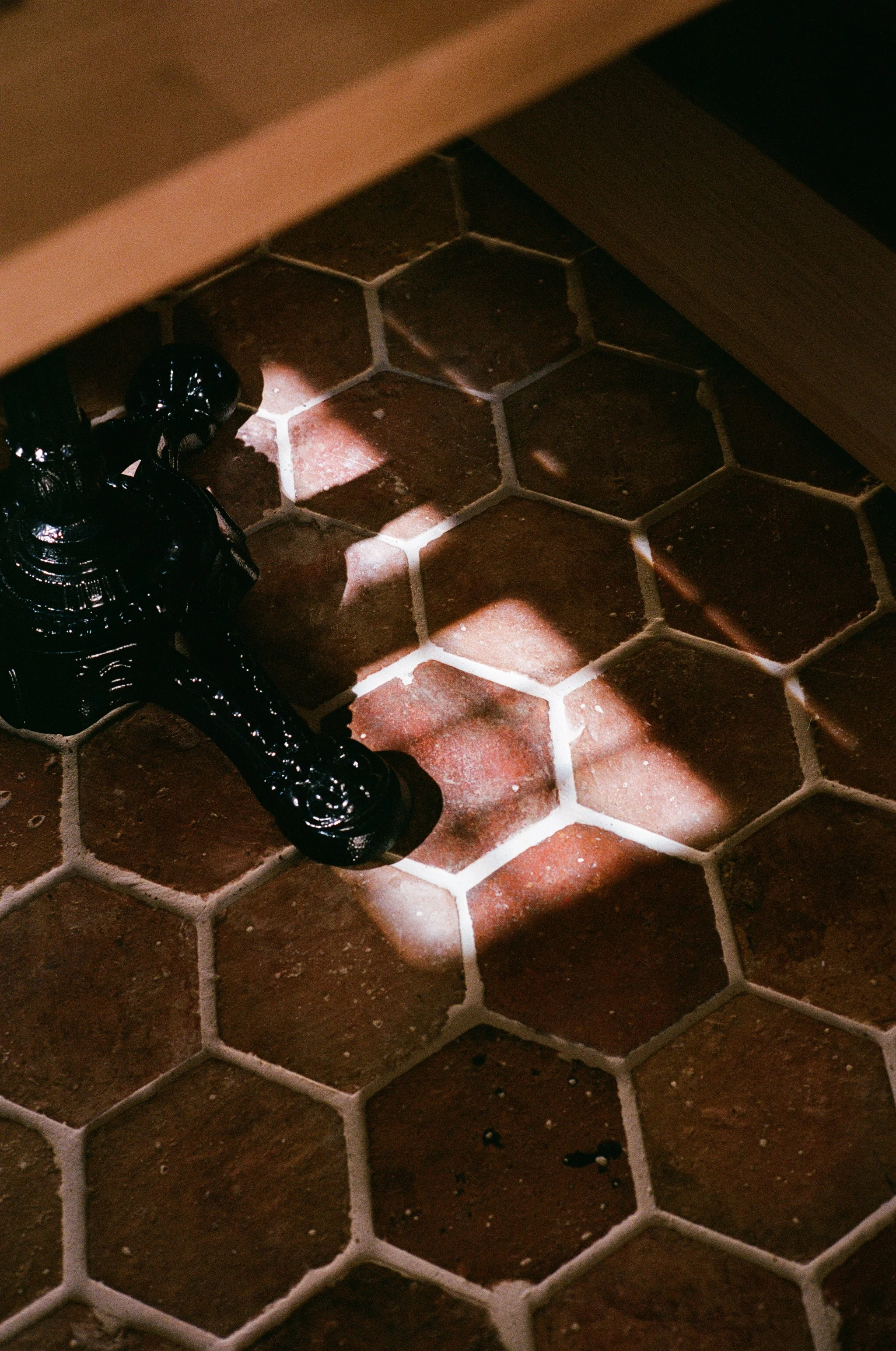 Une figurine de sculpture en forme de dromadaire noir sous un meuble, avec un rayon de lumière sur un sol en carrelage hexagonal marron.