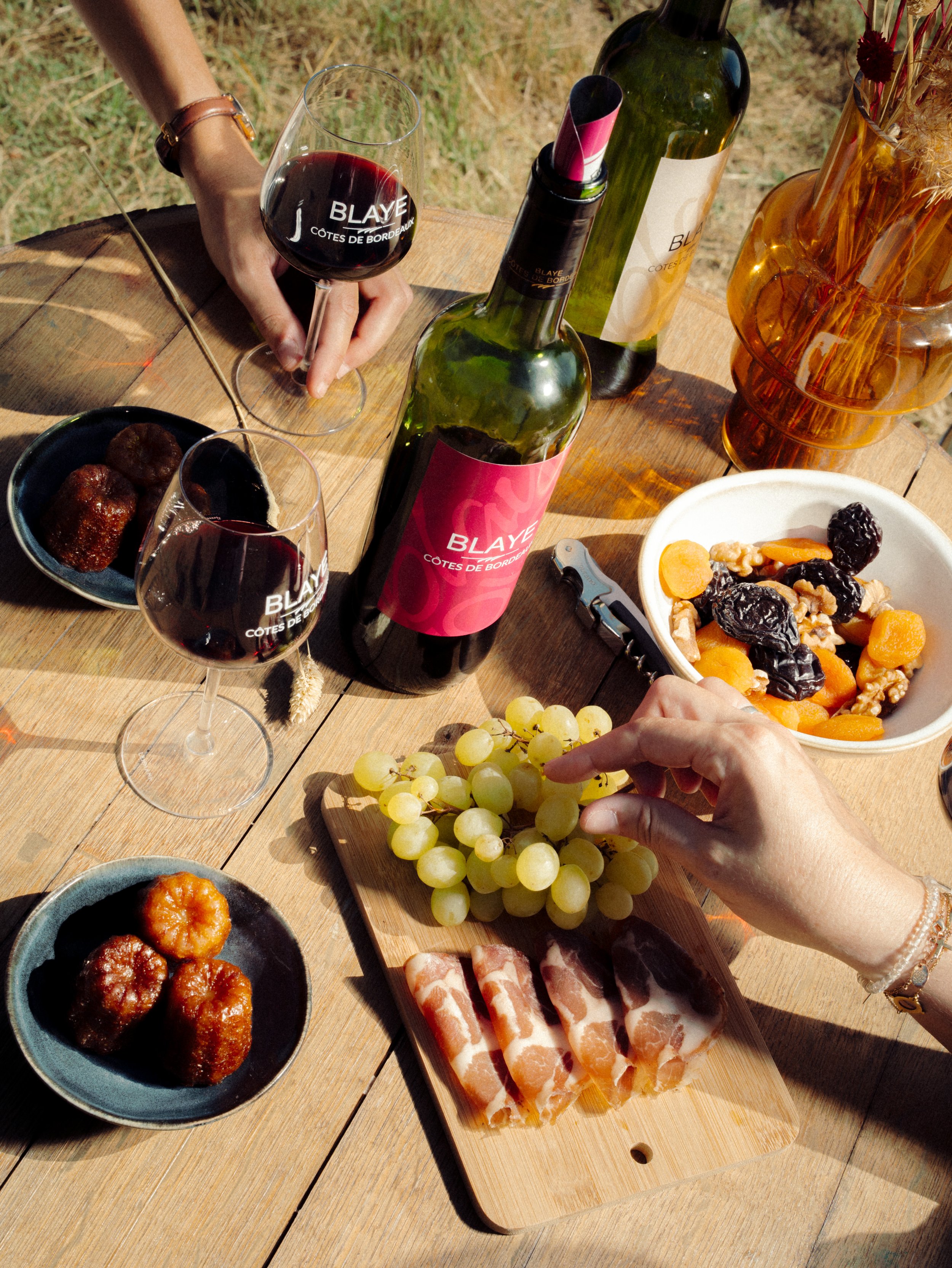 Repas en plein air avec des bouteilles de vin, des verres de vin rouge, des fruits, du jambon, des dattes, un bol de fruits secs, et une main qui tient un raisin blanc.