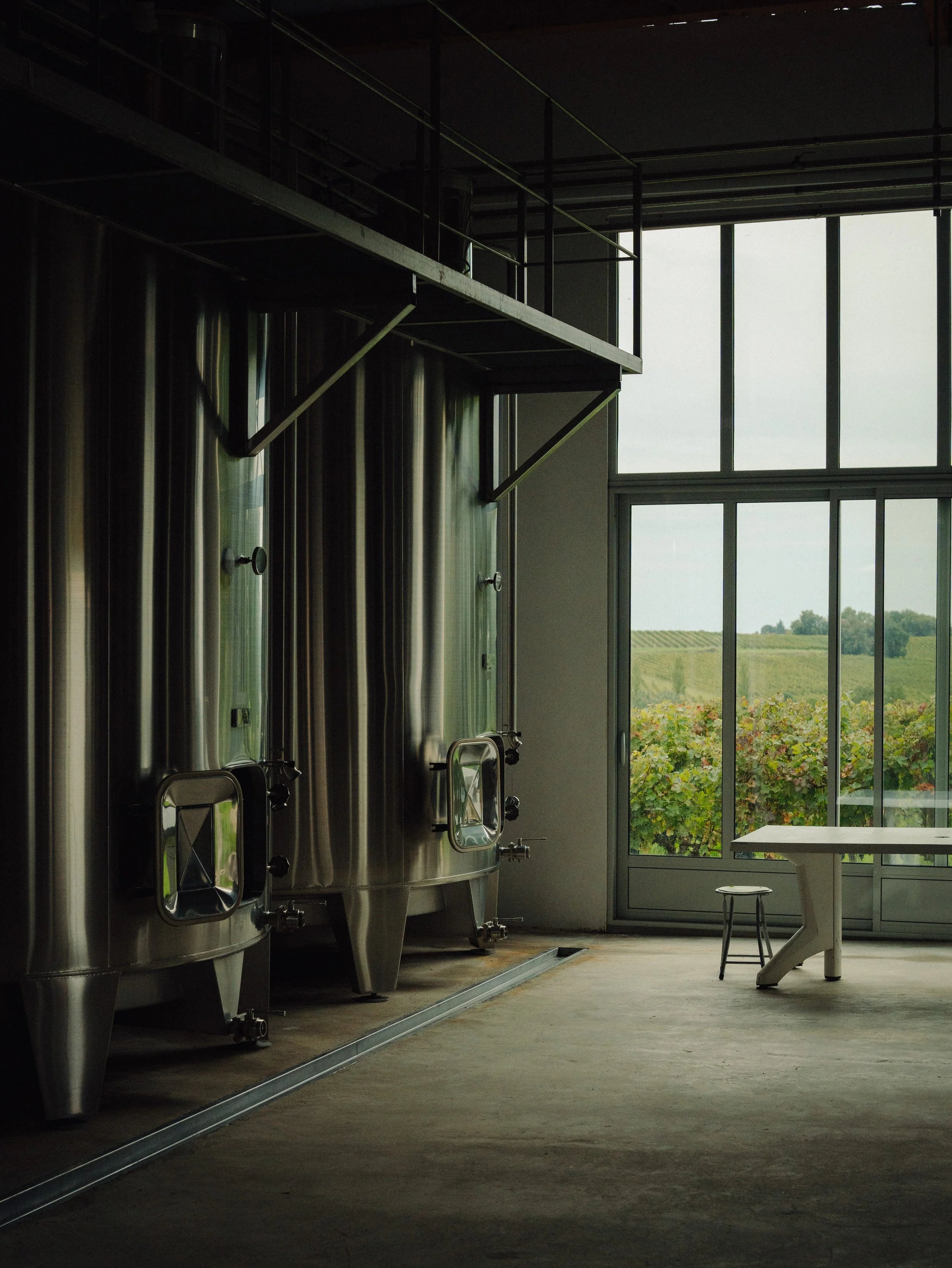 Salles de fermentation dans une cave à vin avec de grandes cuves en acier inoxydable, vue sur des vignes par une grande fenêtre.