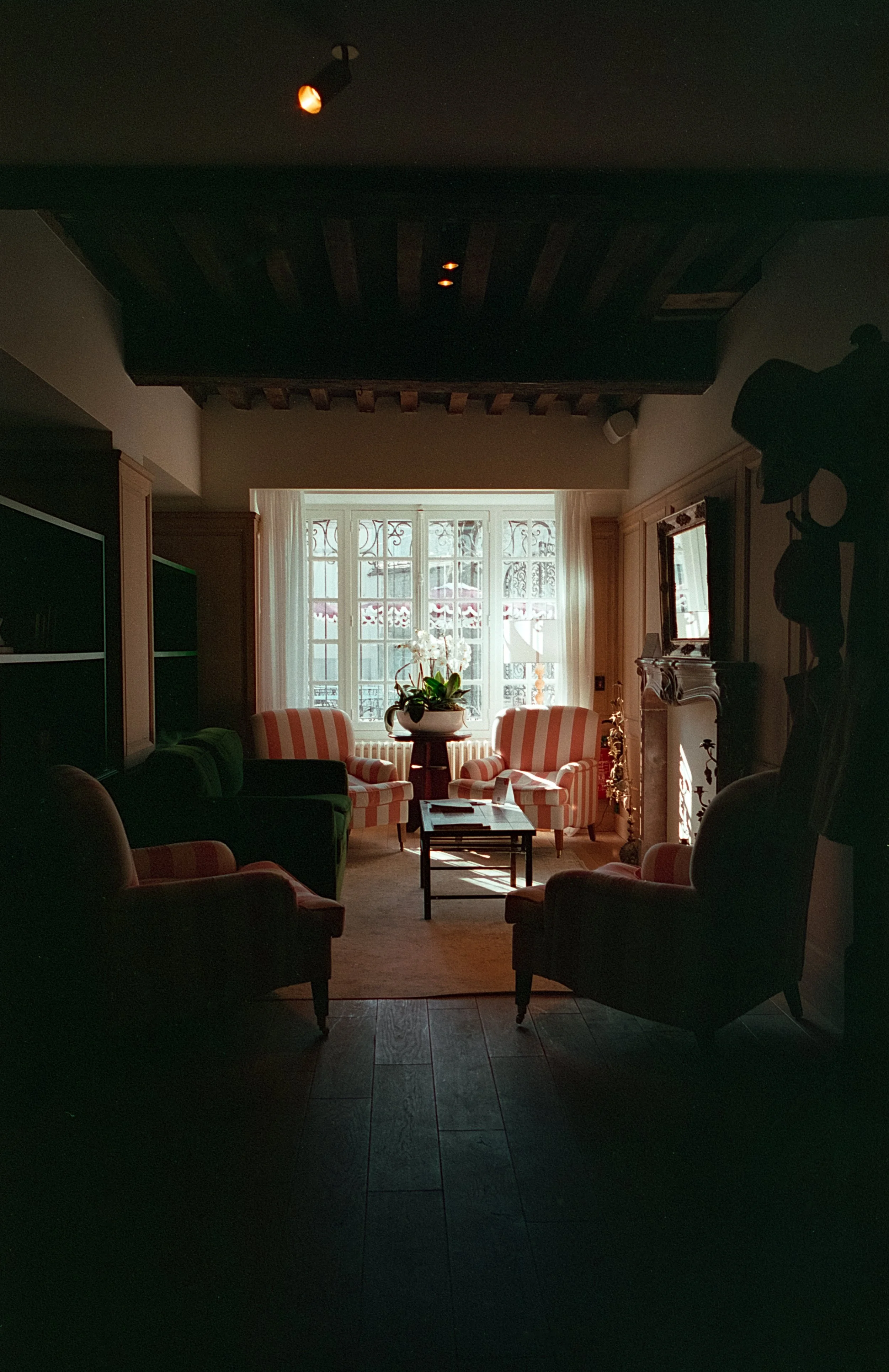 Salon avec deux fauteuils à rayures rouges et blanches, un canapé vert, une table basse, une cheminée en pierre, une grande fenêtre laissant entrer la lumière naturelle, et des plantes décoratives.