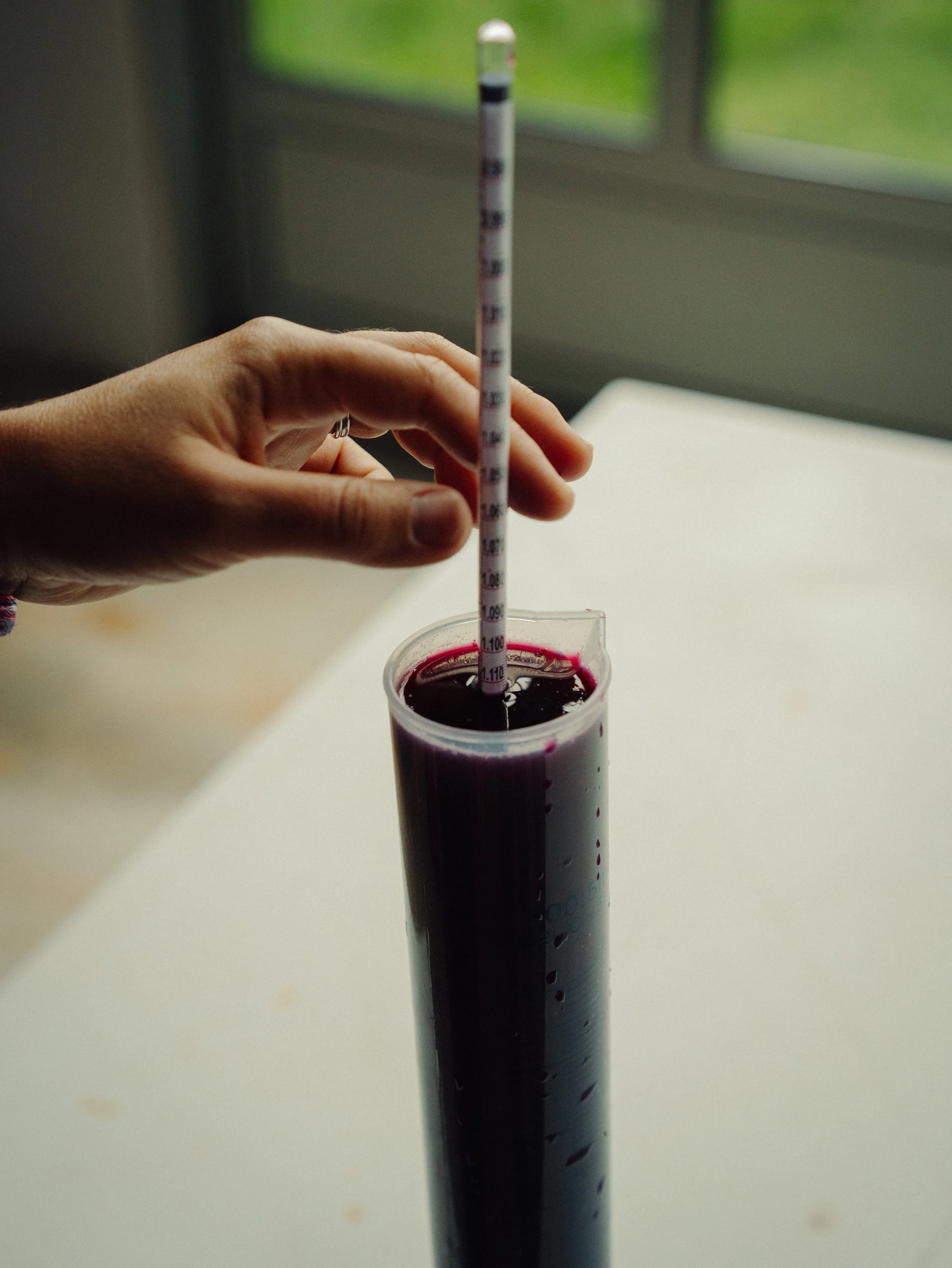 Une main tient un cylindre mesurant une sorte de liquide violet foncé ou rouge dans un laboratoire, avec un bec verseur vertical, à côté d'une fenêtre.