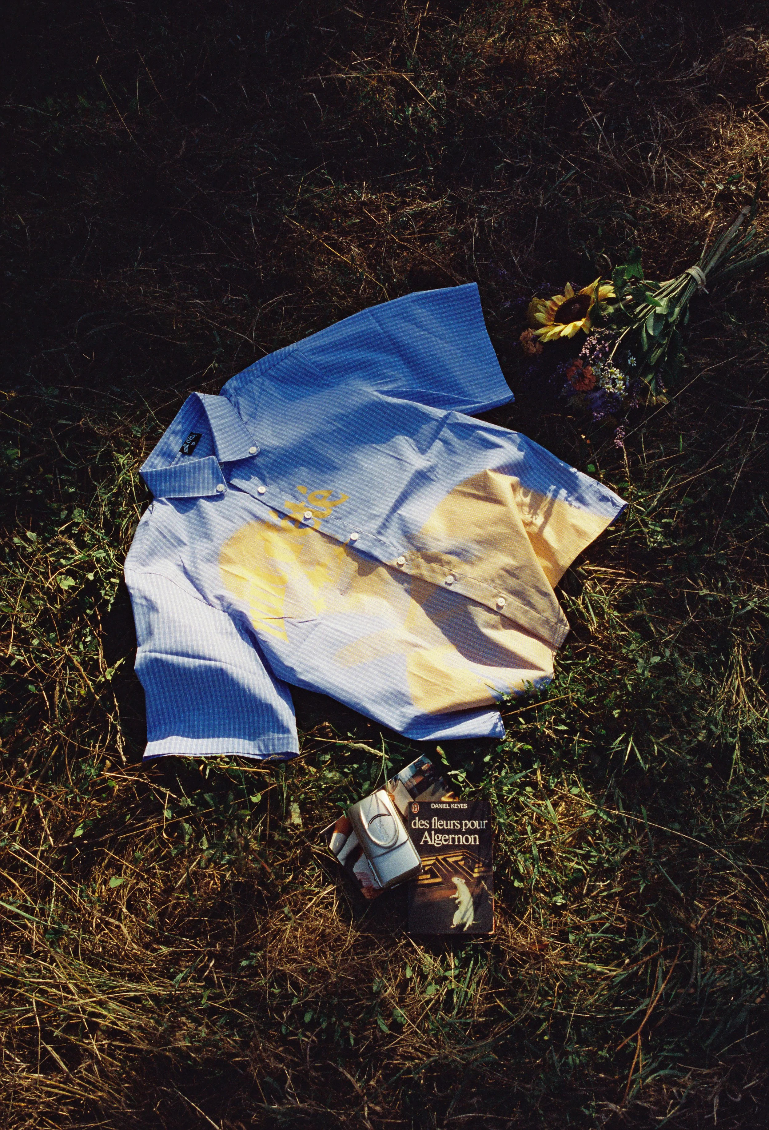Chemise à rayures bleues et jaunes déployée sur l'herbe avec un bouquet de fleurs, un livre intitulé 'Des fleurs pour Algernon', un appareil photo et un téléphone portable à proximité.