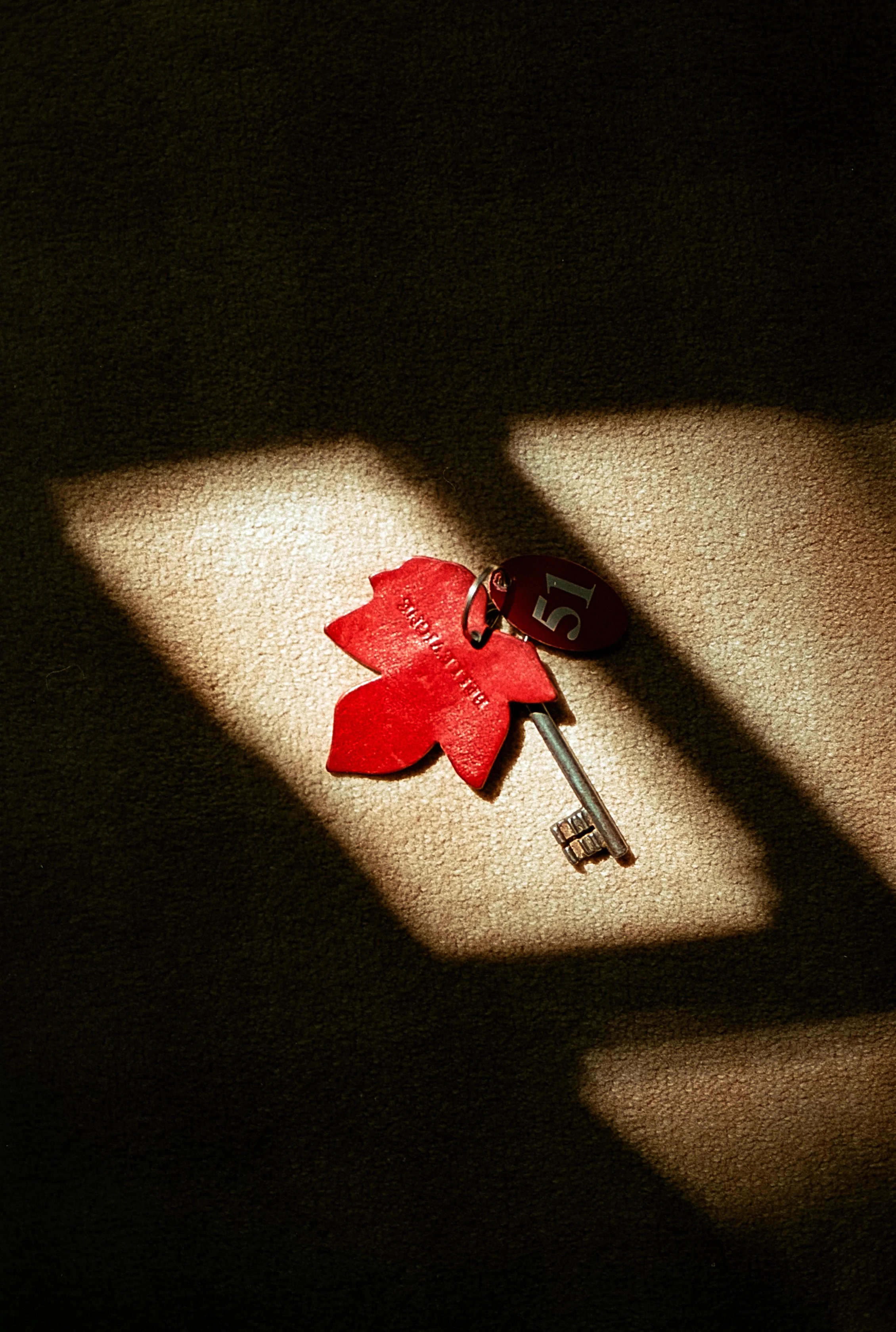 Une clé avec un porte-clés en forme de feuille d'érable rouge et une petite étiquette noire marquée '51', posés sur un sol en pelouse avec une ombre diagonale traversant la scène.