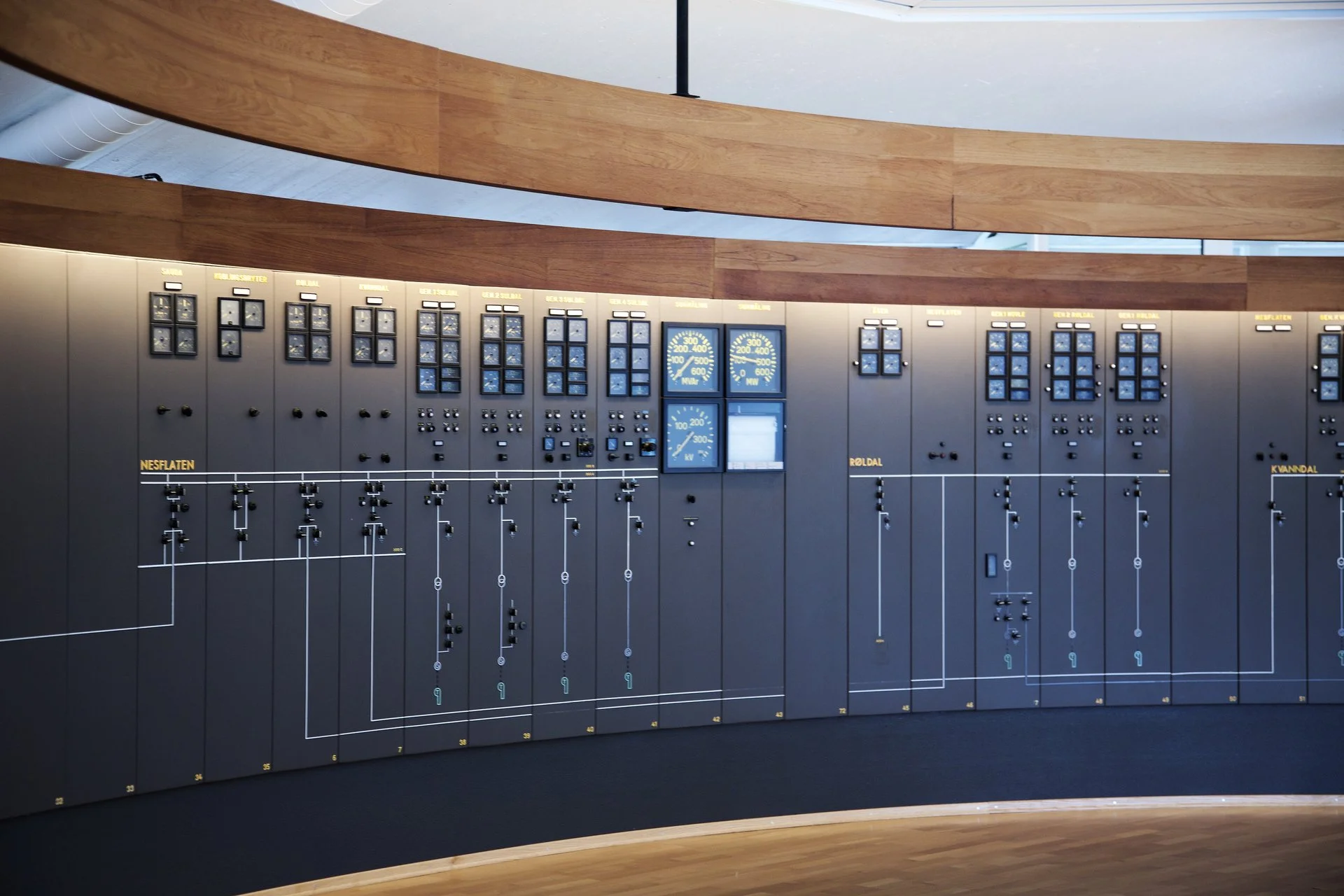 Driftsentral i et kraftverk med instrumentpanel.