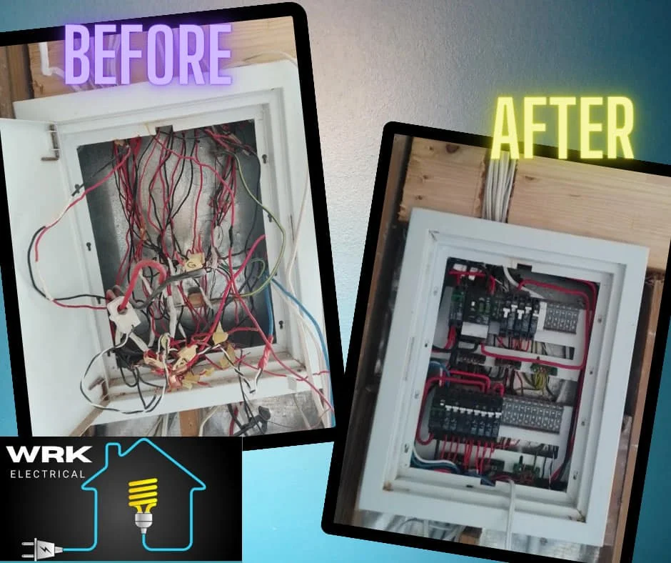 Comparison of an electrical wiring panel before and after organization. The 'Before' side shows tangled, messy wires, while the 'After' side shows neatly organized wiring inside an electrical box.