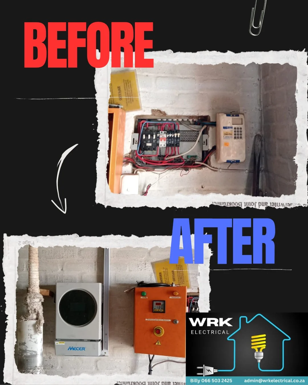 Comparison of electrical panel before and after wiring upgrade. Top image shows an old, cluttered electrical box with exposed wires; bottom image shows a neat, updated electrical box with organized wiring and a new circuit box.