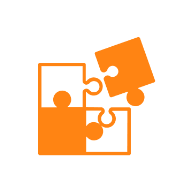 Four orange puzzle pieces connected on a white background.