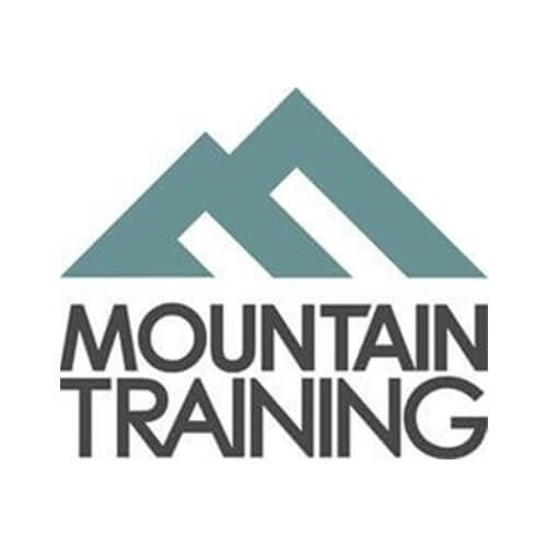 A logo featuring a stylized mountain range above the words 'Mountain Training' in bold black letters.
