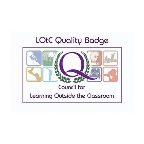 Logo of the LotC Quality Badge, issued by the Council for Learning Outside the Classroom, featuring various icons representing outdoor and educational activities like gardening, playground, and nature exploration.