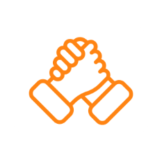 Illustration of two hands clasped together in a handshake, outlined in orange.