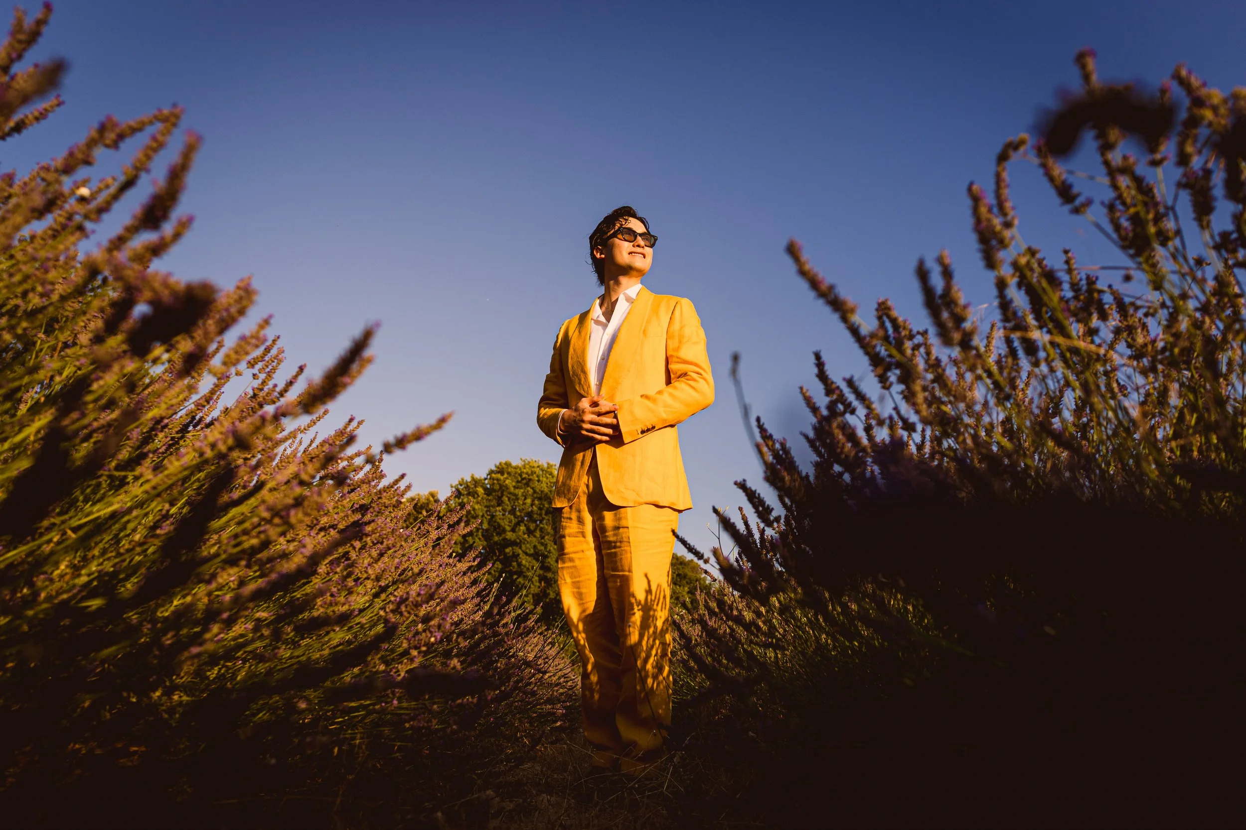 Portrait graphique et créatif pour la marque L’Occitane, réalisé dans un contexte corporate, avec une esthétique graphique et une lumière naturelle en Provence dans les lavandes