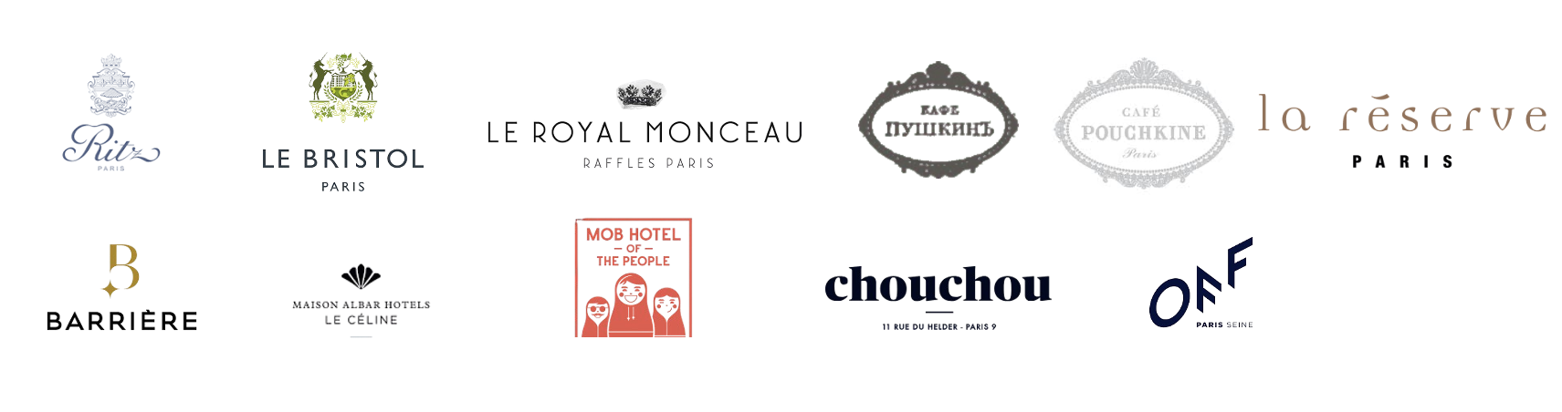 Collection of logos for various luxury hotel and café brands, including Ritz Paris, Le Bristol Paris, Le Royal Monceau, Pushkin Café, La Réserve Paris, Barrière, Maison Albar Hotels Le Céline, Mob Hotel, Chouchou, and OAF Paris Seine.