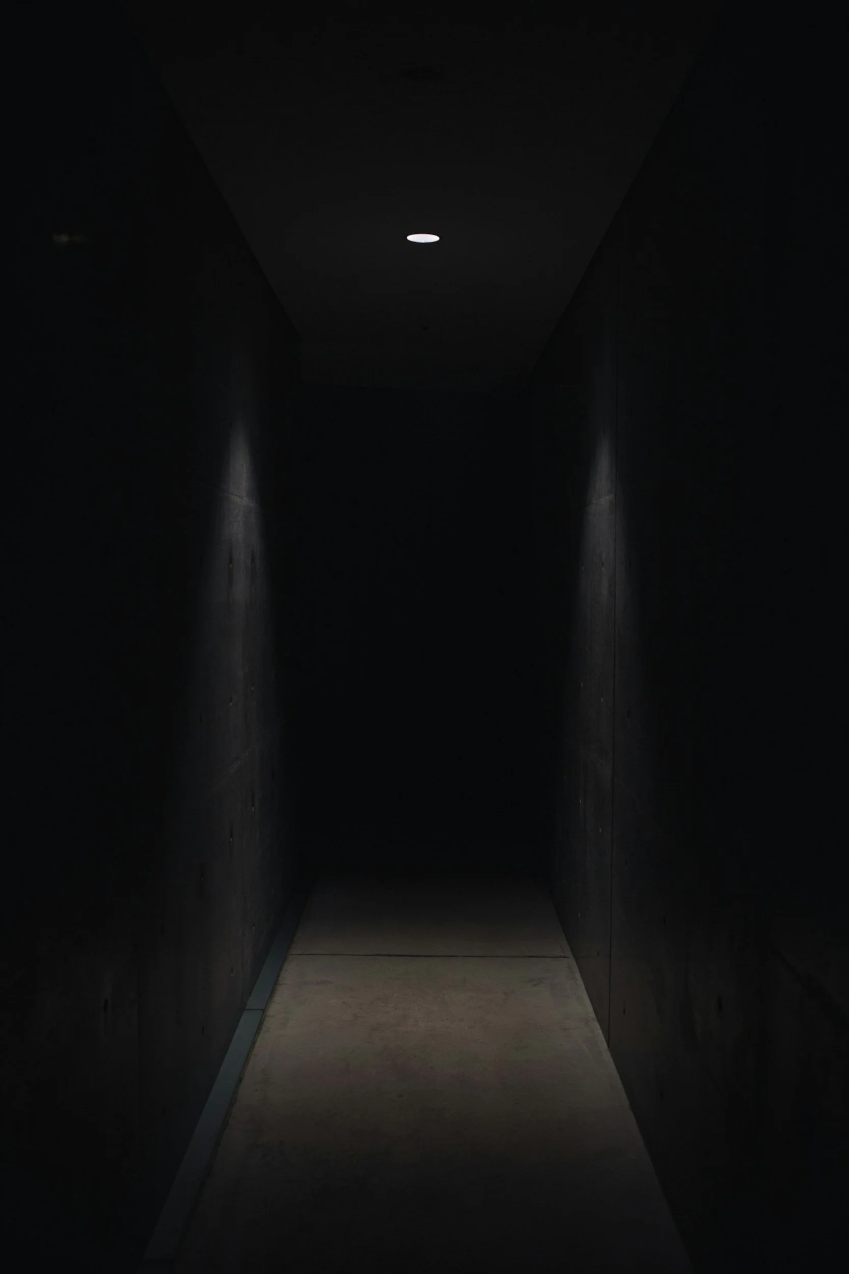Dark, narrow hallway with a single ceiling light