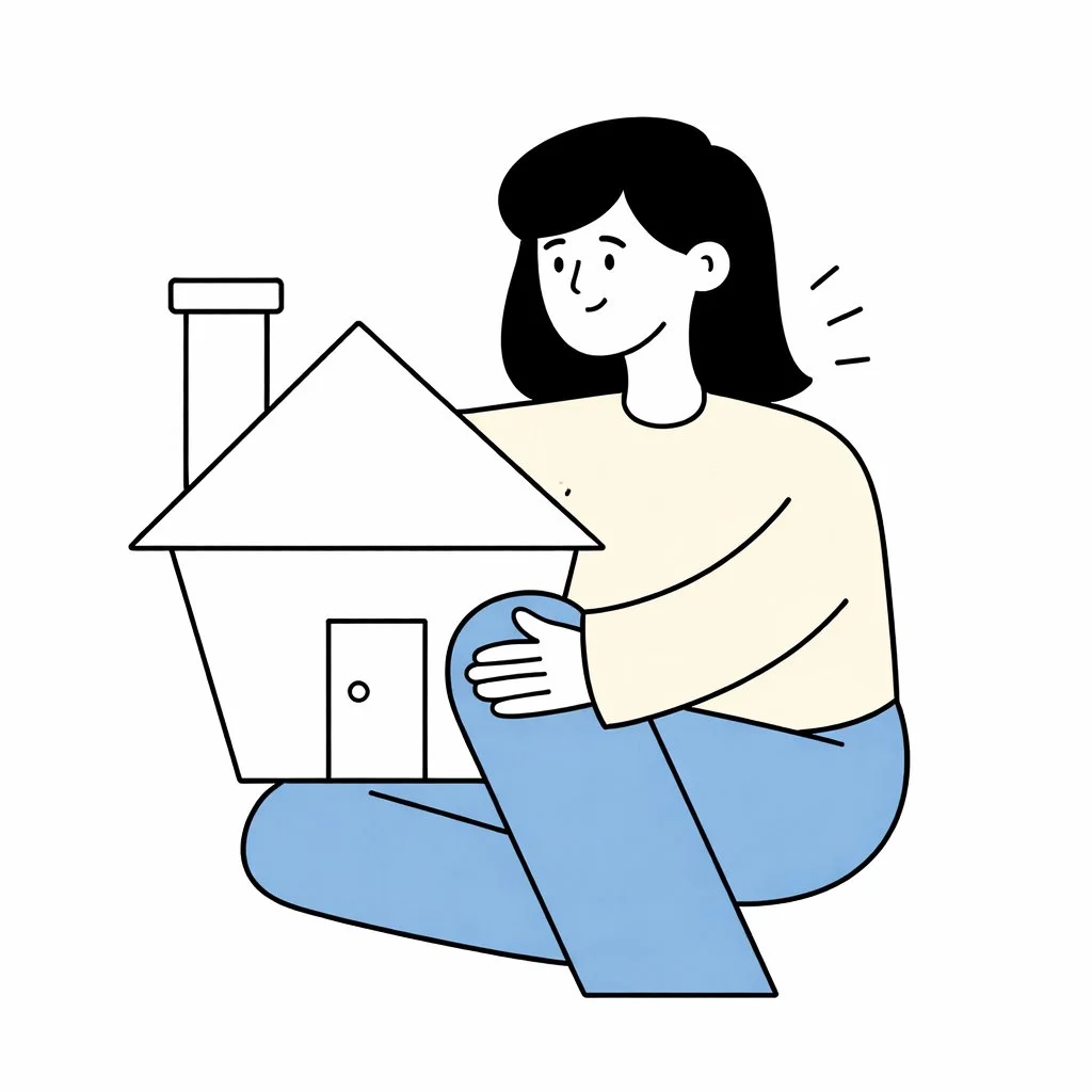 Illustration of a woman sitting and holding a house model
