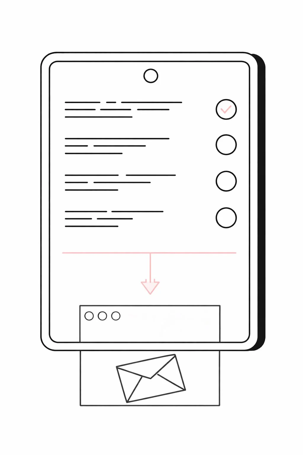 Illustration of a tablet displaying a property checklist with an email report being delivered