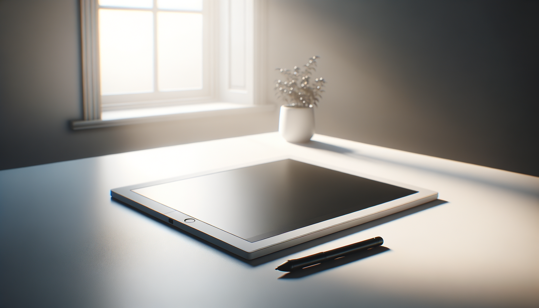 Tablet with stylus pen on a white desk near a window with sunlight, and a white vase with decorative plant in the background.
