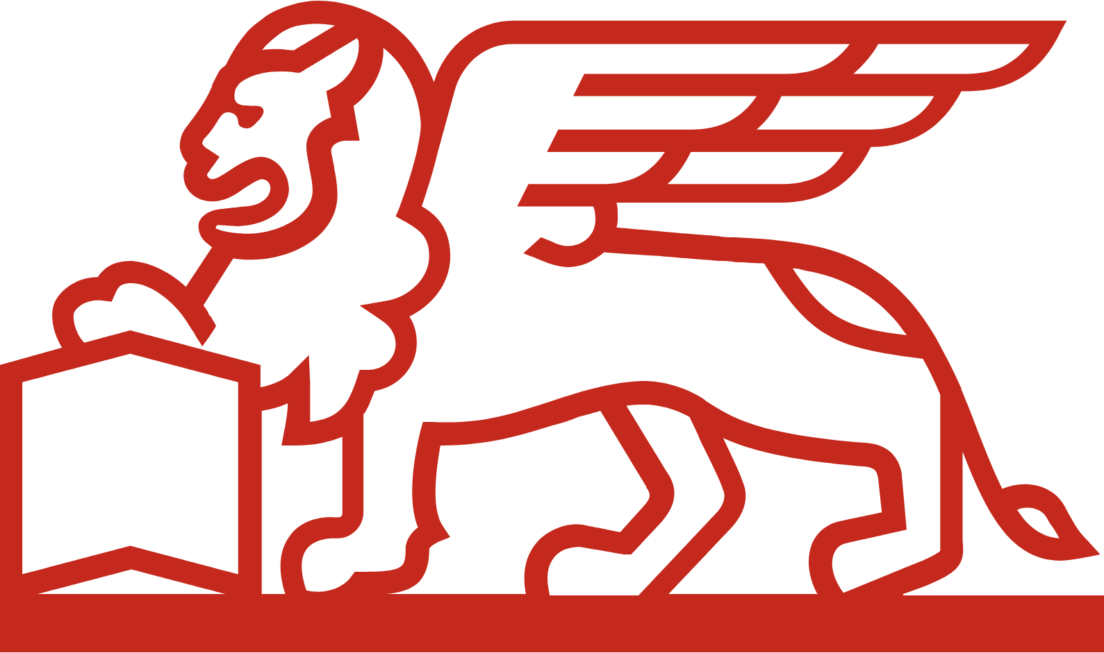 Logo d'assurance représentant un lion avec des ailes et un livre rouge.