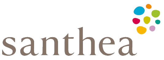 Logo avec le mot 'santhea' et des bulles colorées dans le coin supérieur droit.