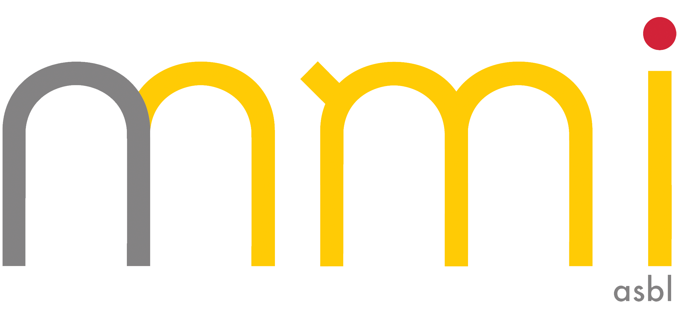 Logo stylisé comprenant des arches colorées en gris, jaune et blanc avec un point rouge en haut à droite, et le texte 'asbl' en bas à droite.