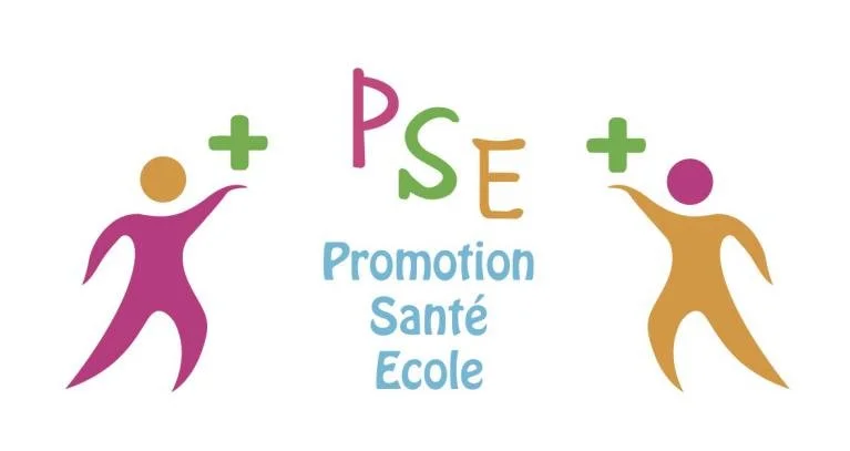 Logo avec deux silhouettes d'enfants stylisées, un en violet et l'autre en orange, avec des signes plus verts, et les lettres PS E au centre, suivies du texte 'Promotion Santé École' en bleu.