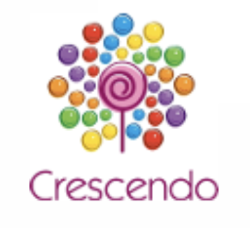 Logo coloré représentant une sucette au centre, entourée de plusieurs cercles de différentes couleurs, avec le mot 'Crescendo' en dessous.