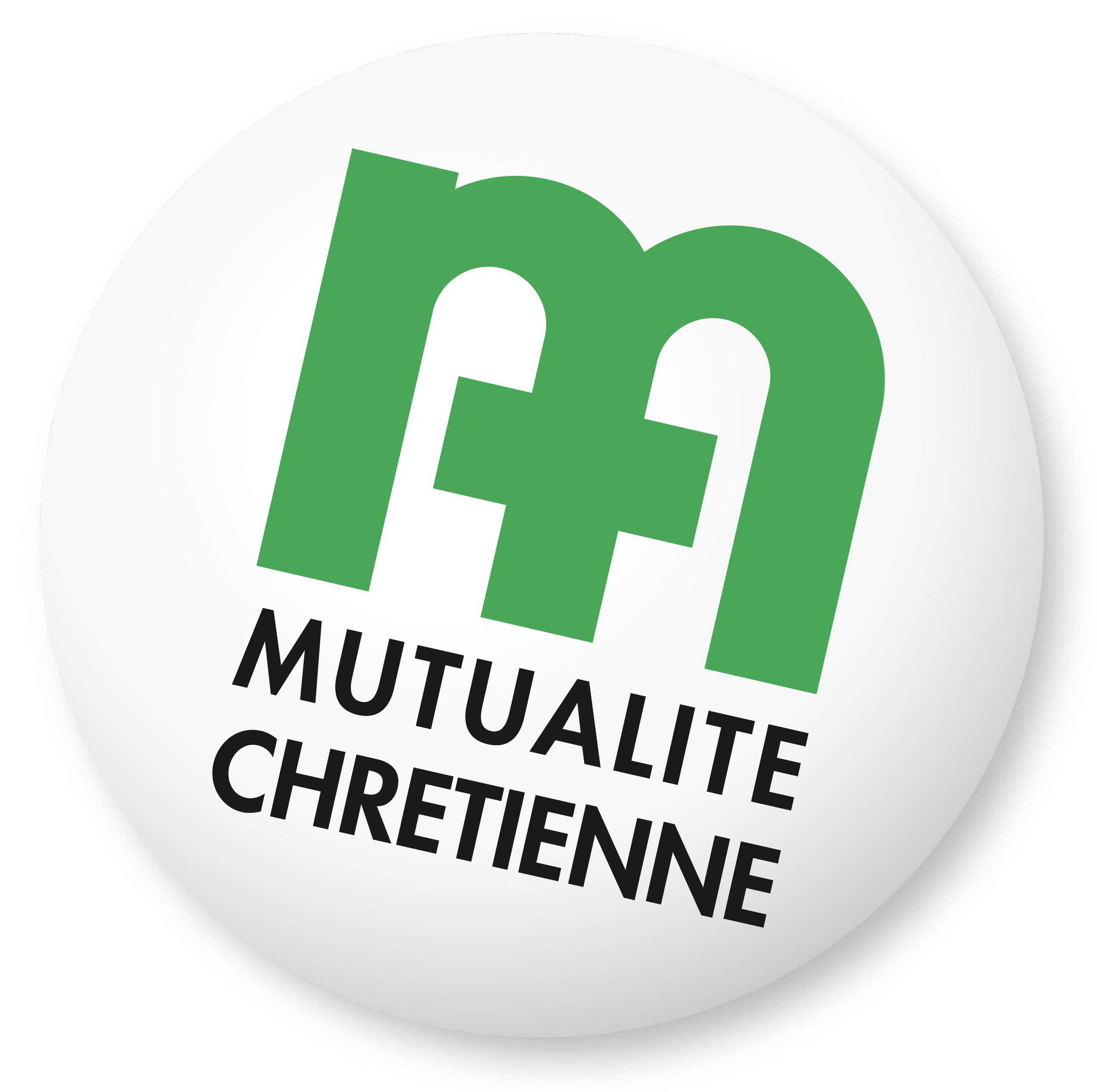 Logo de la Mutuelle Chrétienne en forme de cercle avec les lettres 'mc' en vert, un symbole de croix intégré, et le texte 'Mutualite Chretienne' en noir en dessous.