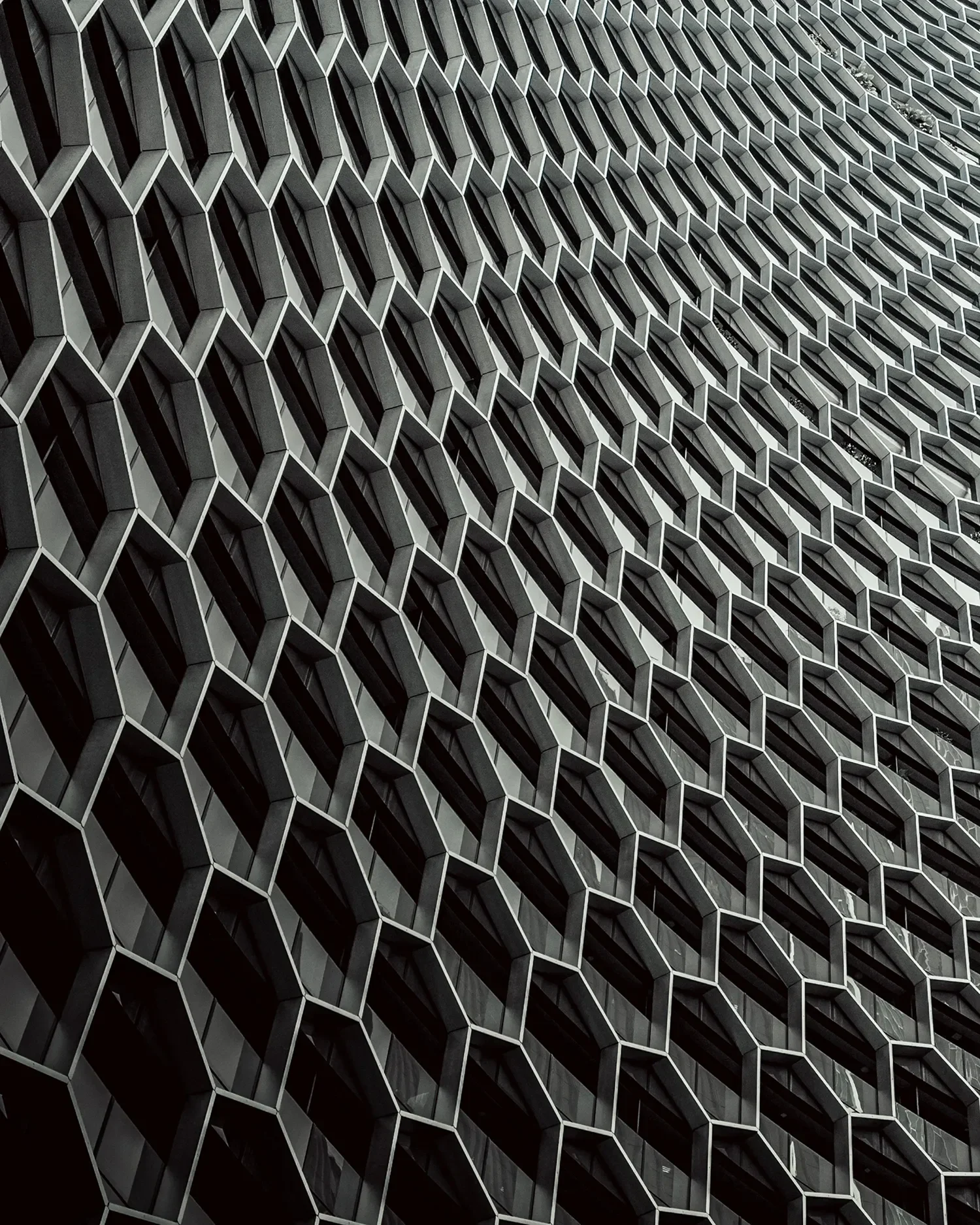Close-up of a modern building facade with a honeycomb-patterned exterior made of hexagonal metal frames.