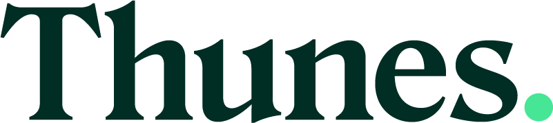 Close-up of the word 'Thunes' in bold black text with a small green dot at the end.