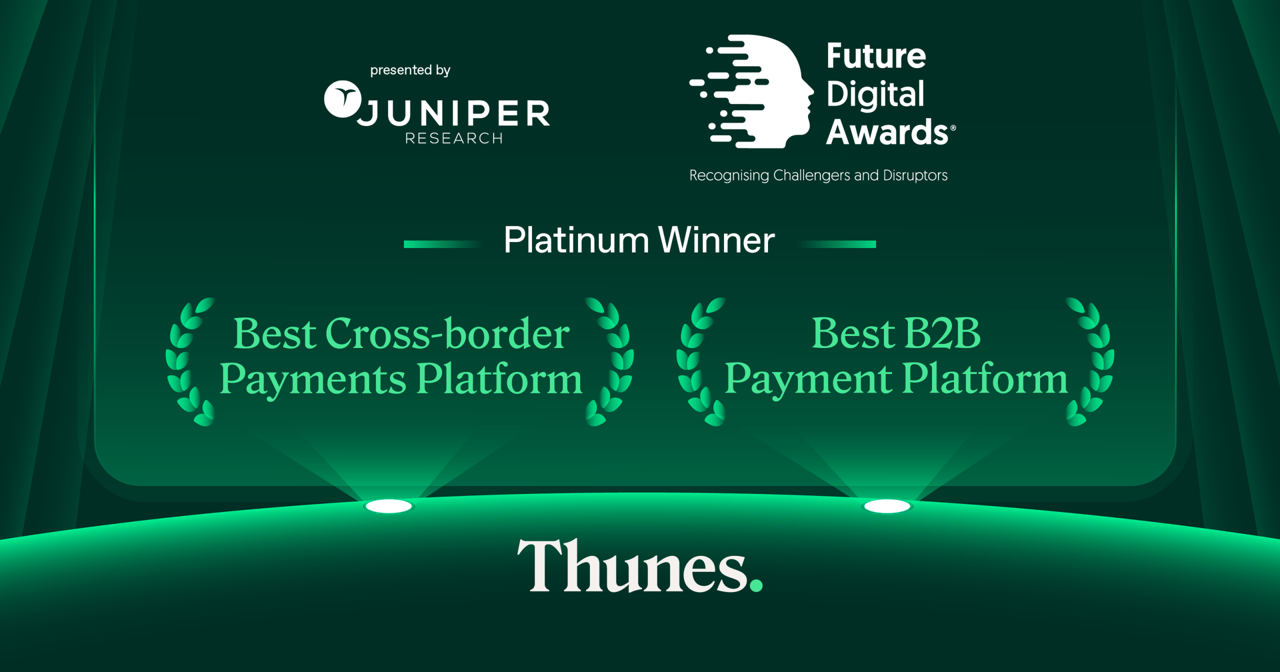 Digital award plaque recognizing Thunes as the platinum winner for Best Cross-border Payments Platform and Best B2B Payment Platform, presented by Juniper Research at the Future Digital Awards.
