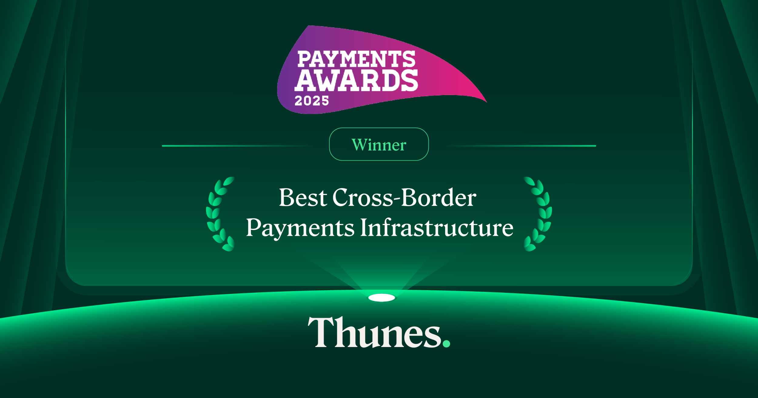 Digital award plaque with green background and purple banner at top reading 'Payments Awards 2025'. Centered text reads 'Winner Best Cross-Border Payments Infrastructure' with decorative green laurel leaves on either side and the 'Thunes' logo at bottom.