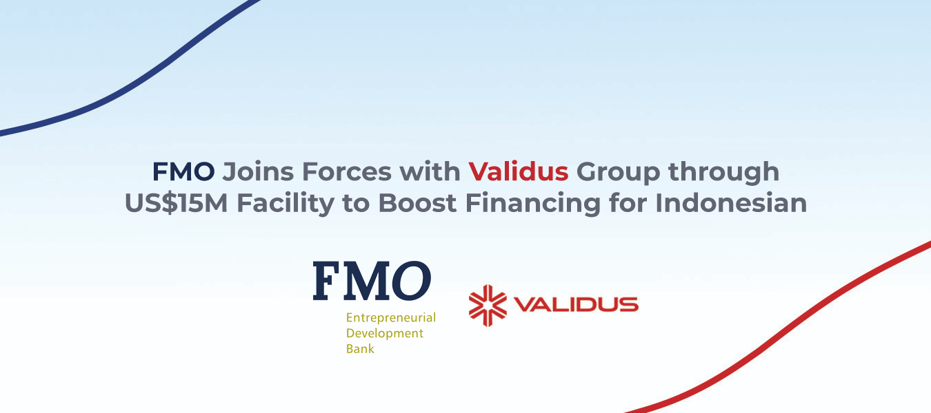 A presentation slide with a light blue background, displaying text about FMO and Validus forming a partnership and a new funding facility for Indonesia, with graphical lines and the logos of FMO and Validus.