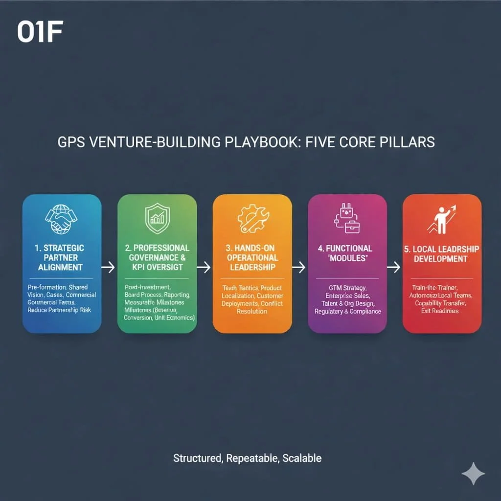 A slide titled 'GPS Venture-Building Playbook: Five Core Pillars' with five color-coded sections. The sections are: 1) Strategic Partner Alignment, 2) Professional Governance & KPI Oversight, 3) Hands-On Operational Leadership, 4) Functional Modules, and 5) Local Leadership Development. Each section has bullet points with key activities. The slide mentions the playbook is 'Structured, Repeatable, Scalable.'