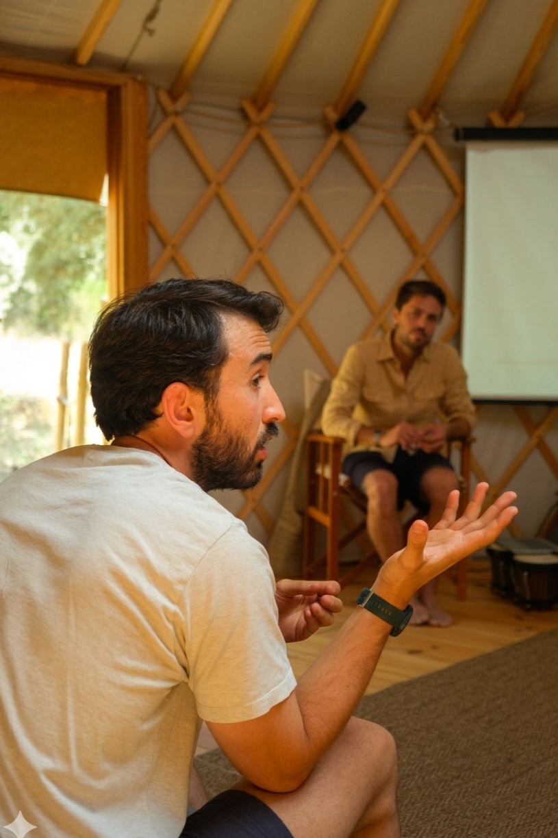 Participante con los ojos tapados realizando ejercicio de visualizacion guiada para explorar el inconsciente y reconectar con su autenticidad, liberanodose de limitaciones autoimpuestas