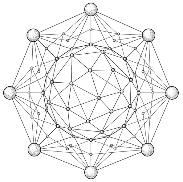 Corona con rayos de la yurta, como símbolo de interdepdencia sistémica.