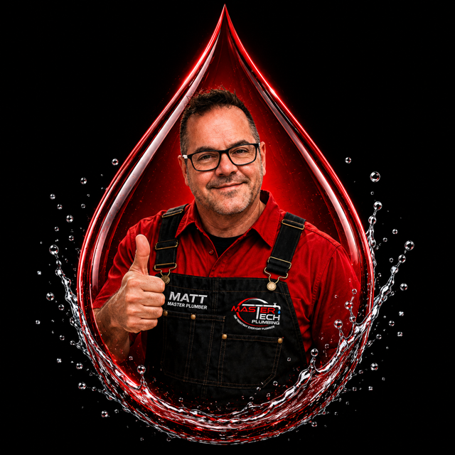 A smiling man in a red shirt and black overalls giving a thumbs-up, surrounded by a water splash graphic with a red glow, on a black background.