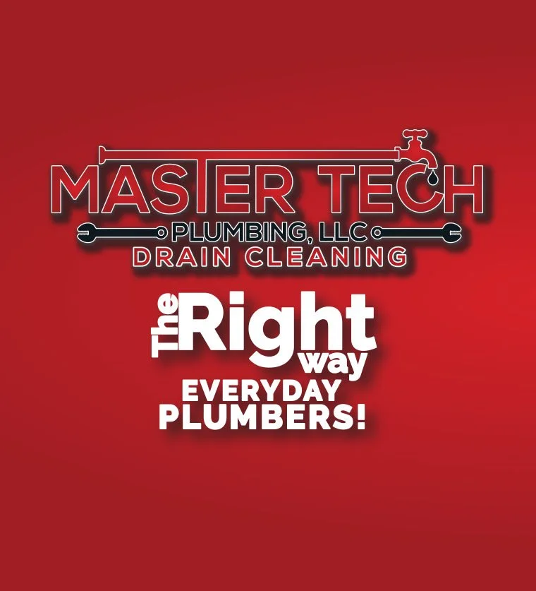 Red background with logo for Master Tech Plumbing, LLC, specializing in drain cleaning. The logo features a faucet and wrench graphics, with the slogan 'The Right way, everyday plumbers!'
