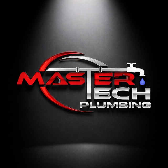 Master Tech Plumbing logo with red, white, and black text and a faucet with a water droplet.