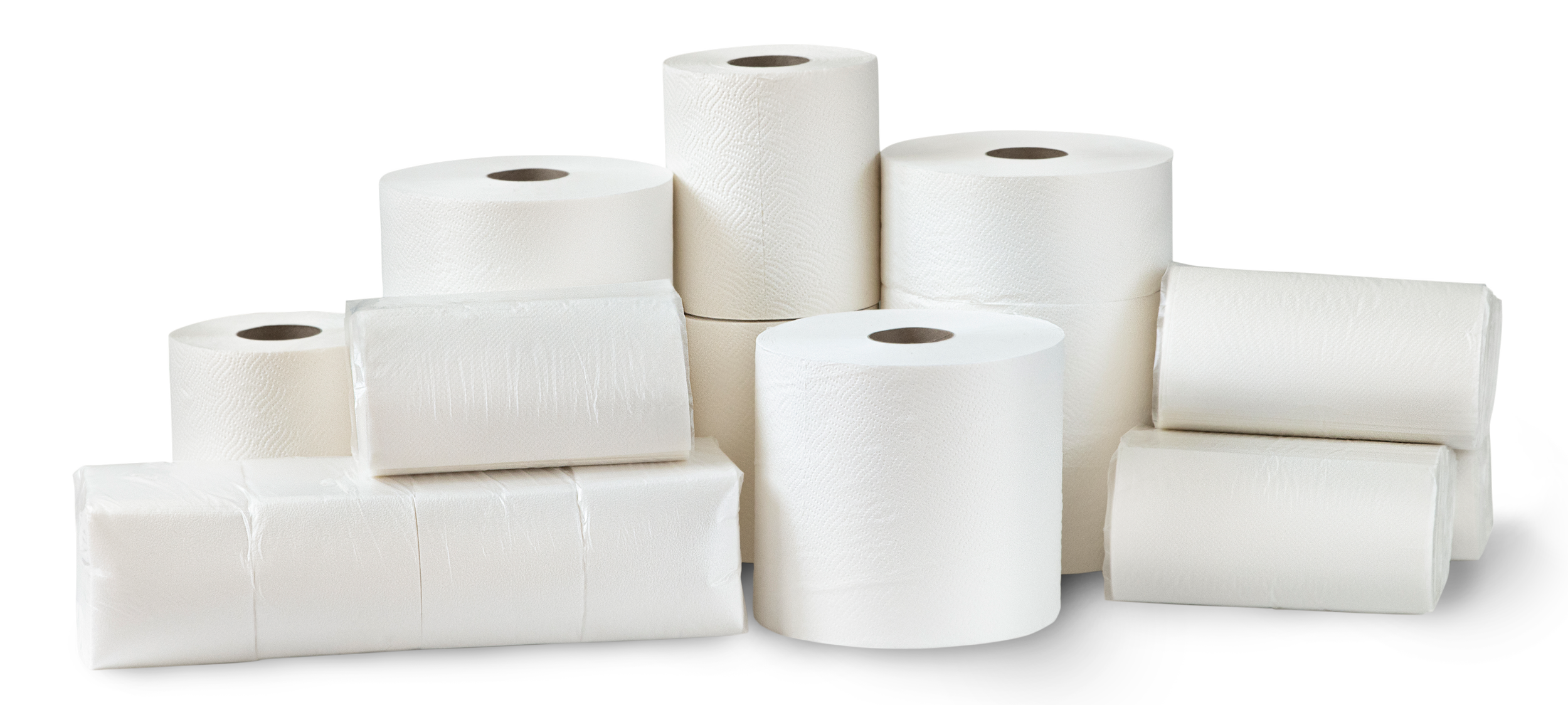 Verschiedene weiße Toilettenpapierrollen und -blöcke auf einem schwarzen Hintergrund
